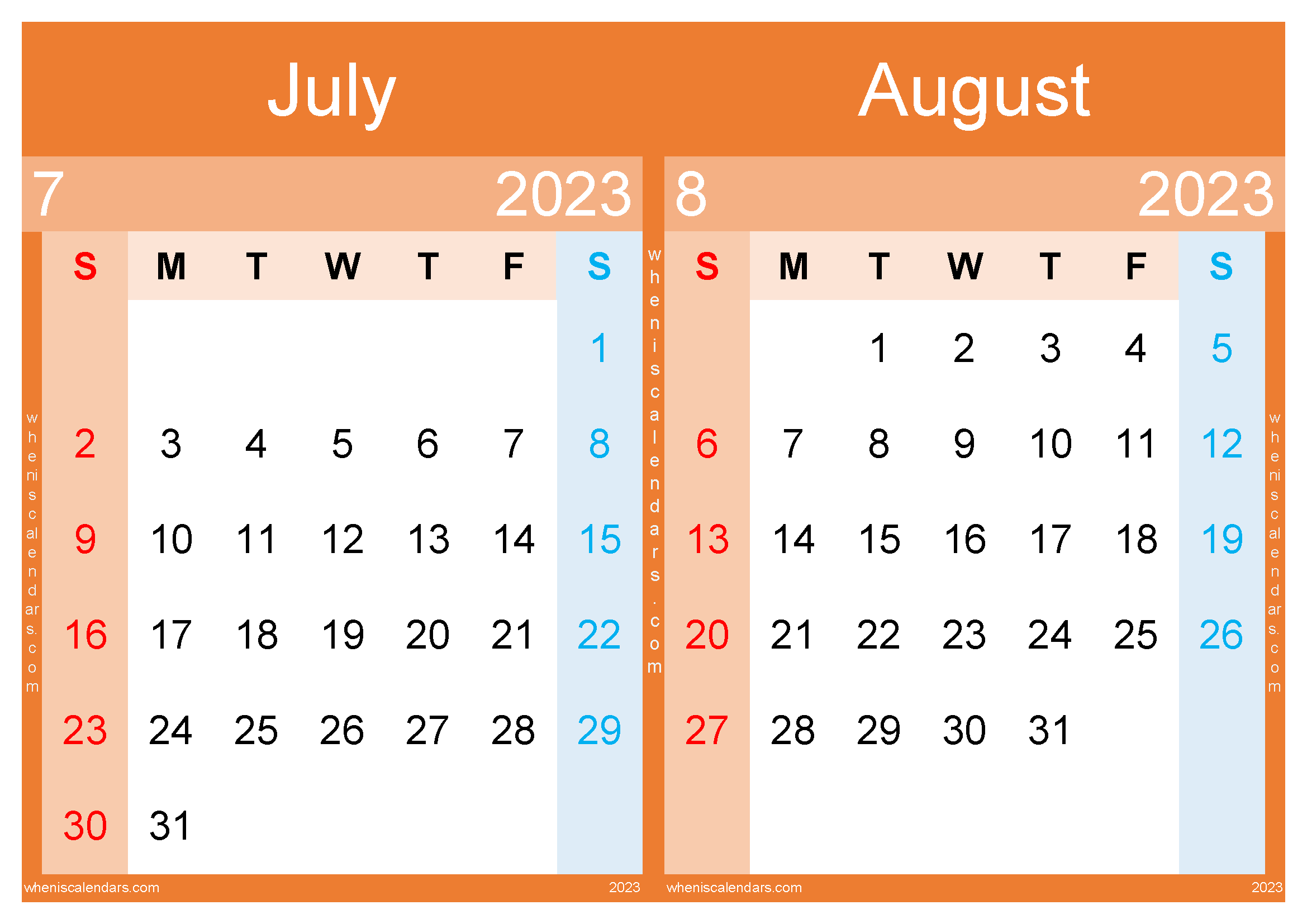Calendar July August 2023 Printable (JA2316)
