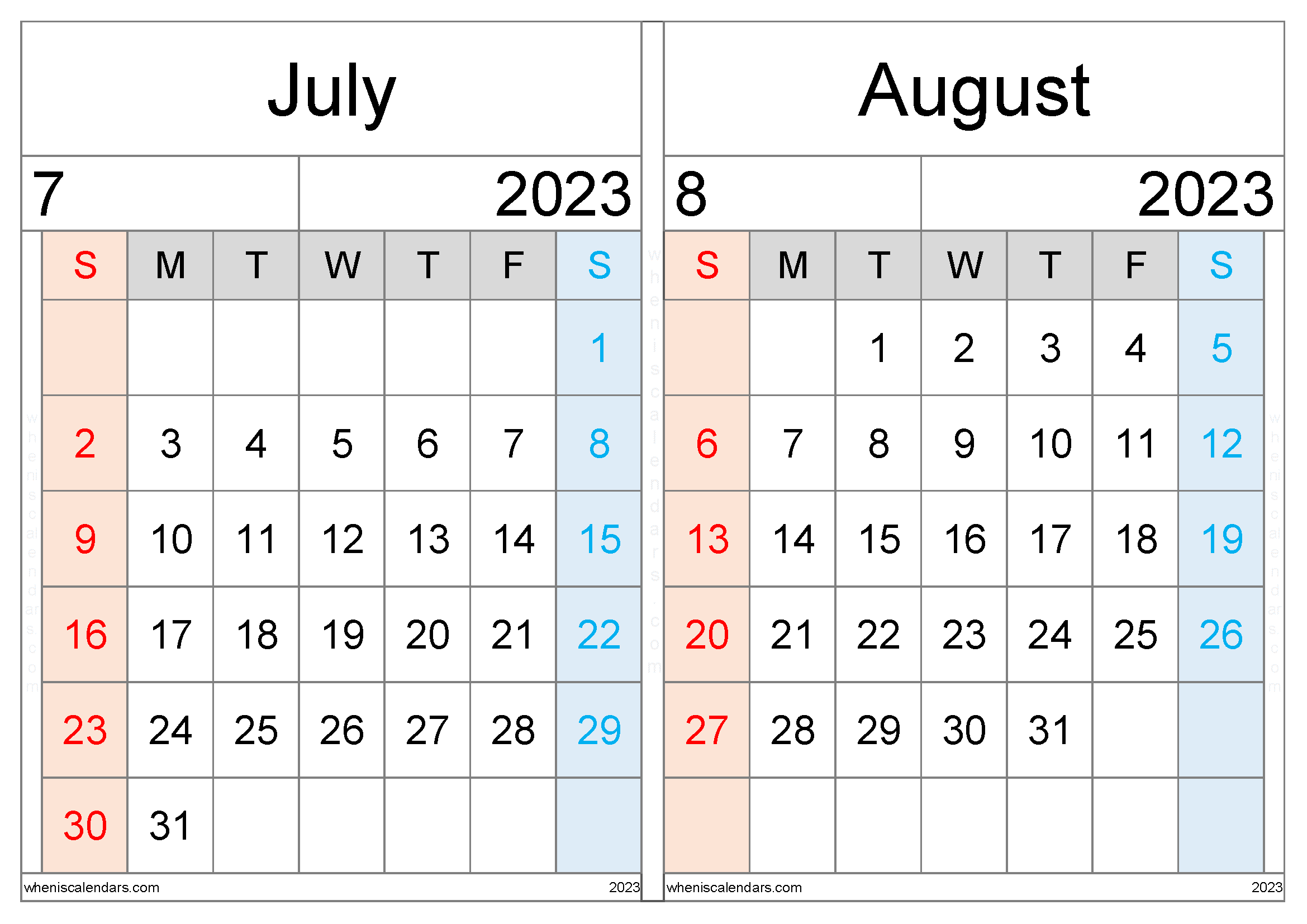 July August 2023 Calendar Template (JA2307)