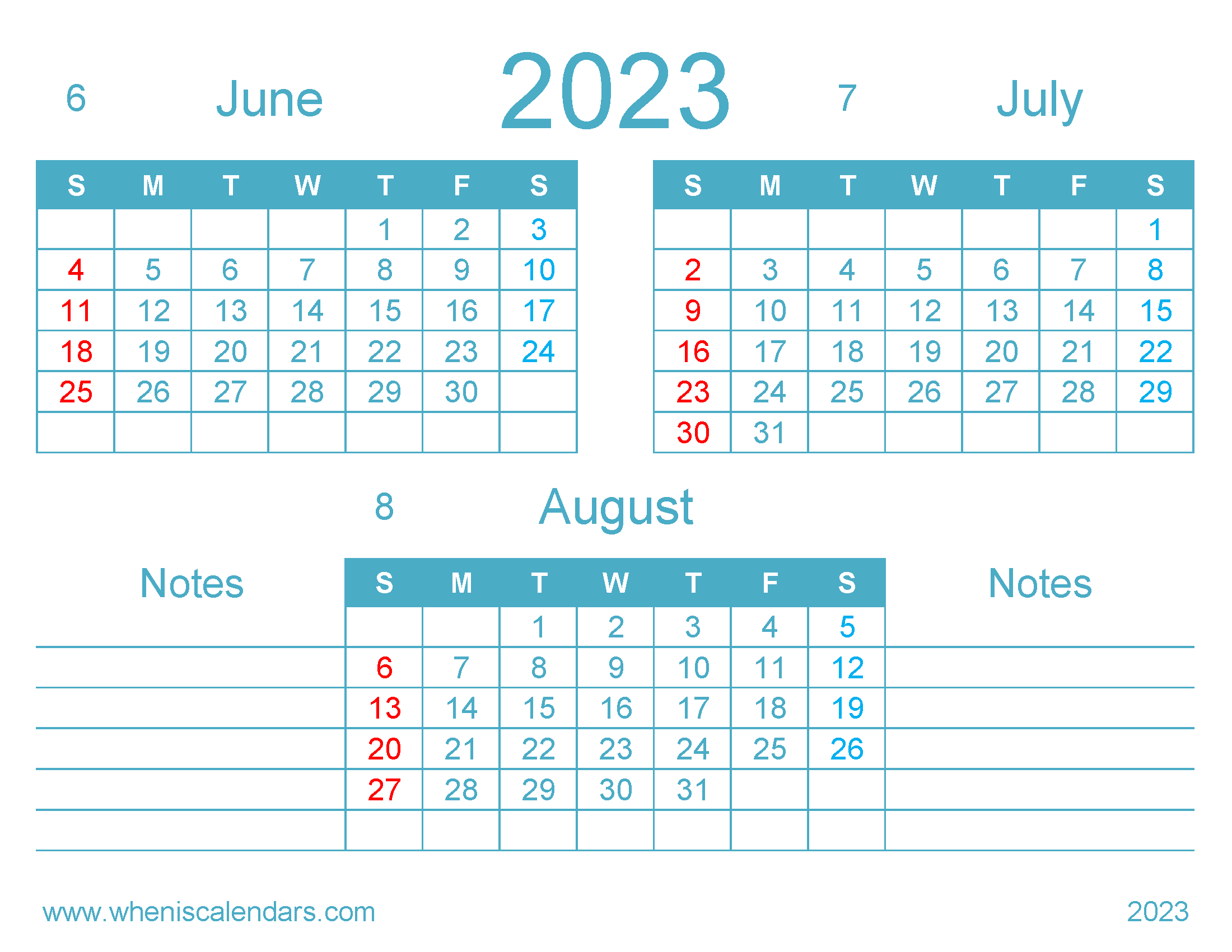 June July August 2023 Calendar Printable