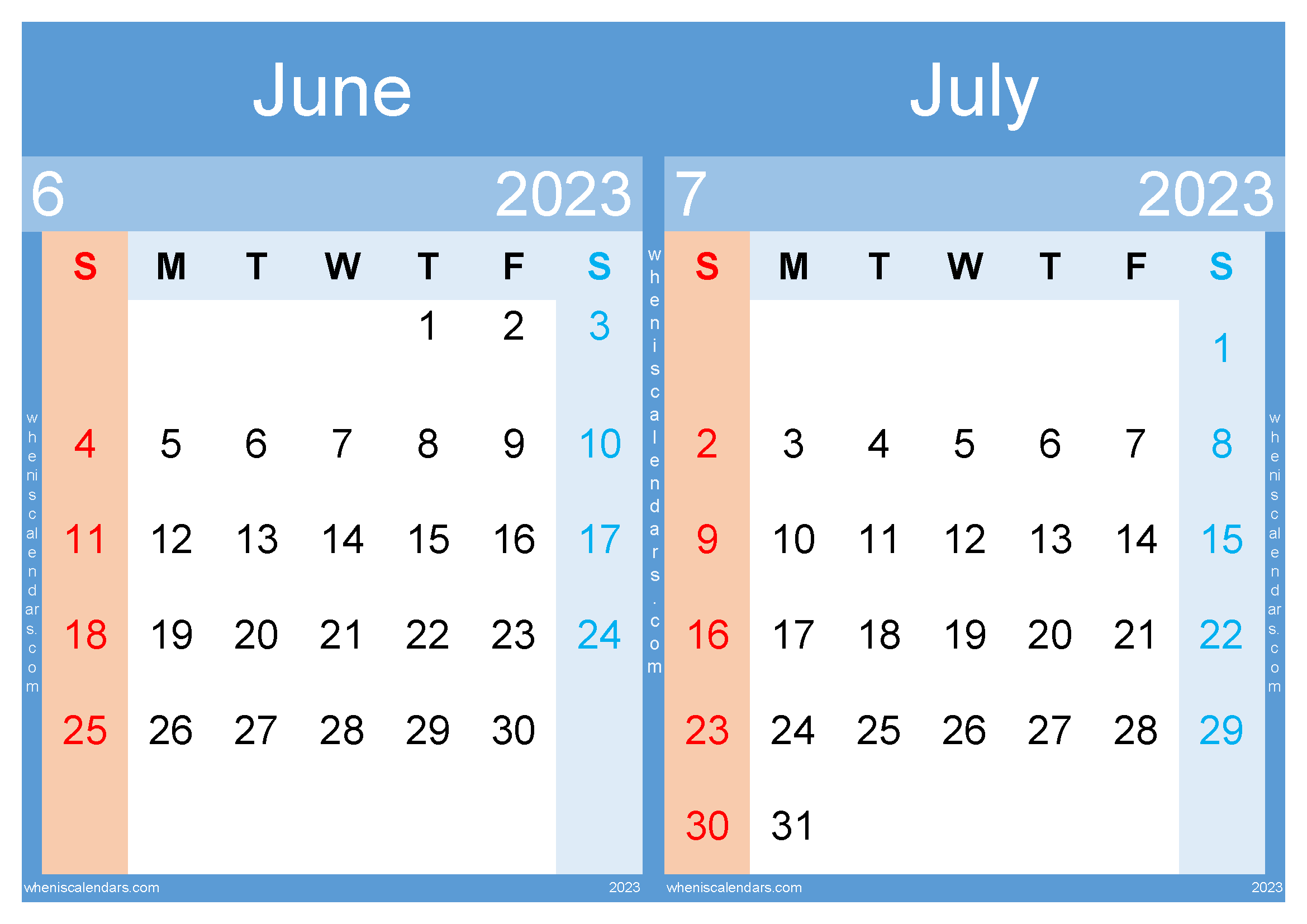 June July 2023 Calendar Printable PDF (JJ2315)