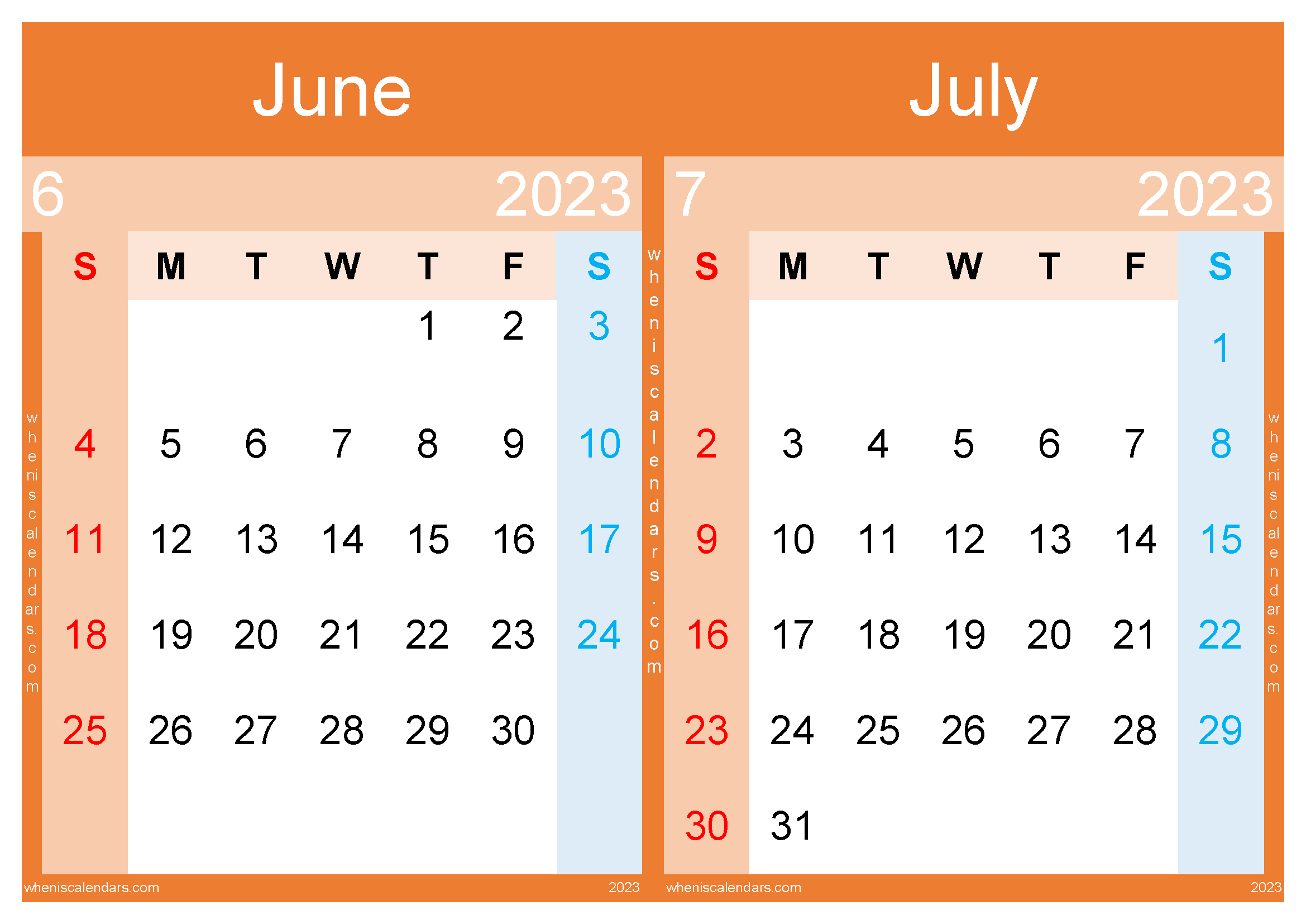 June July Calendar 2023 Free Printable (JJ2316)