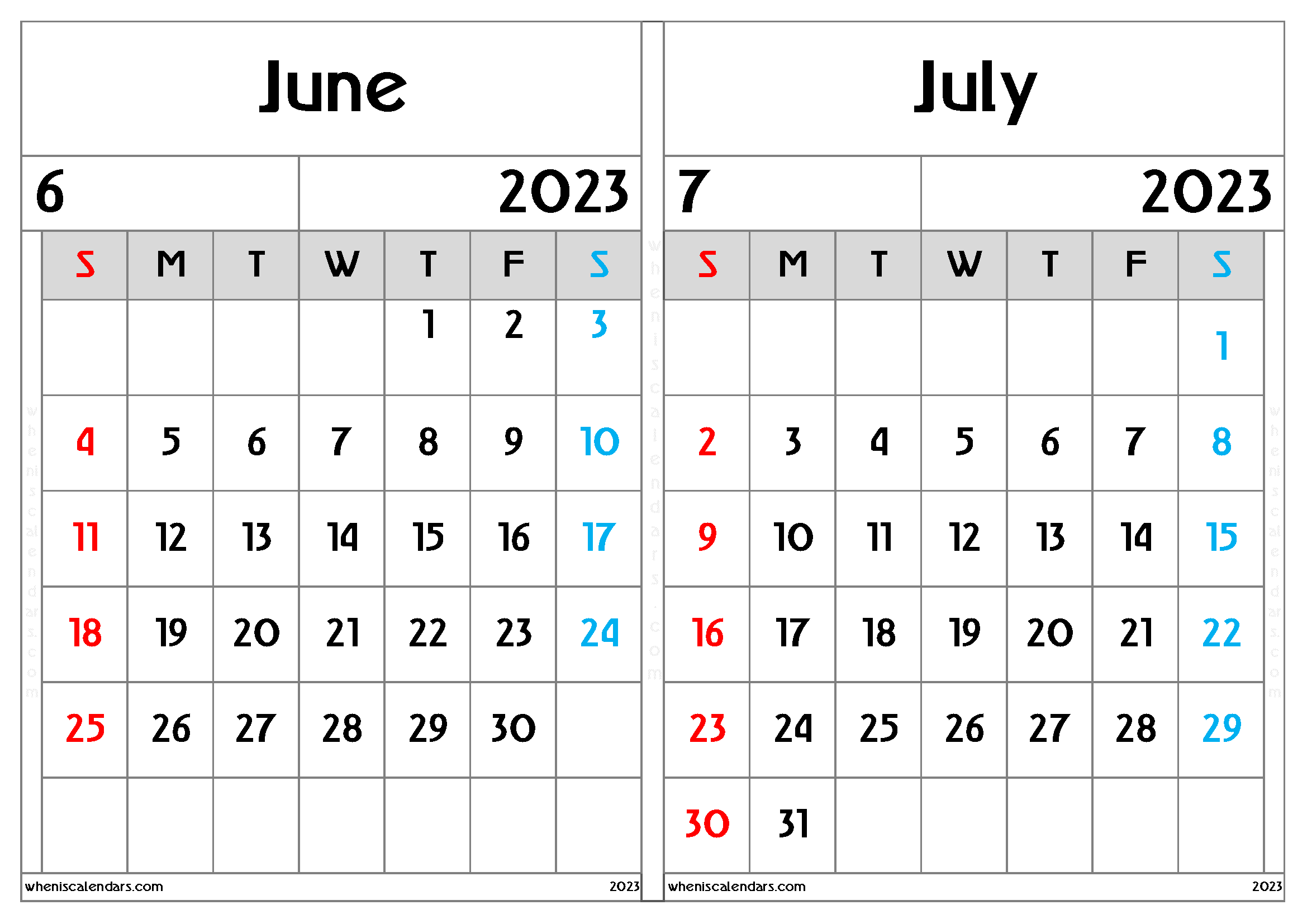 June July Calendar 2023 Free Printable (JJ2304)