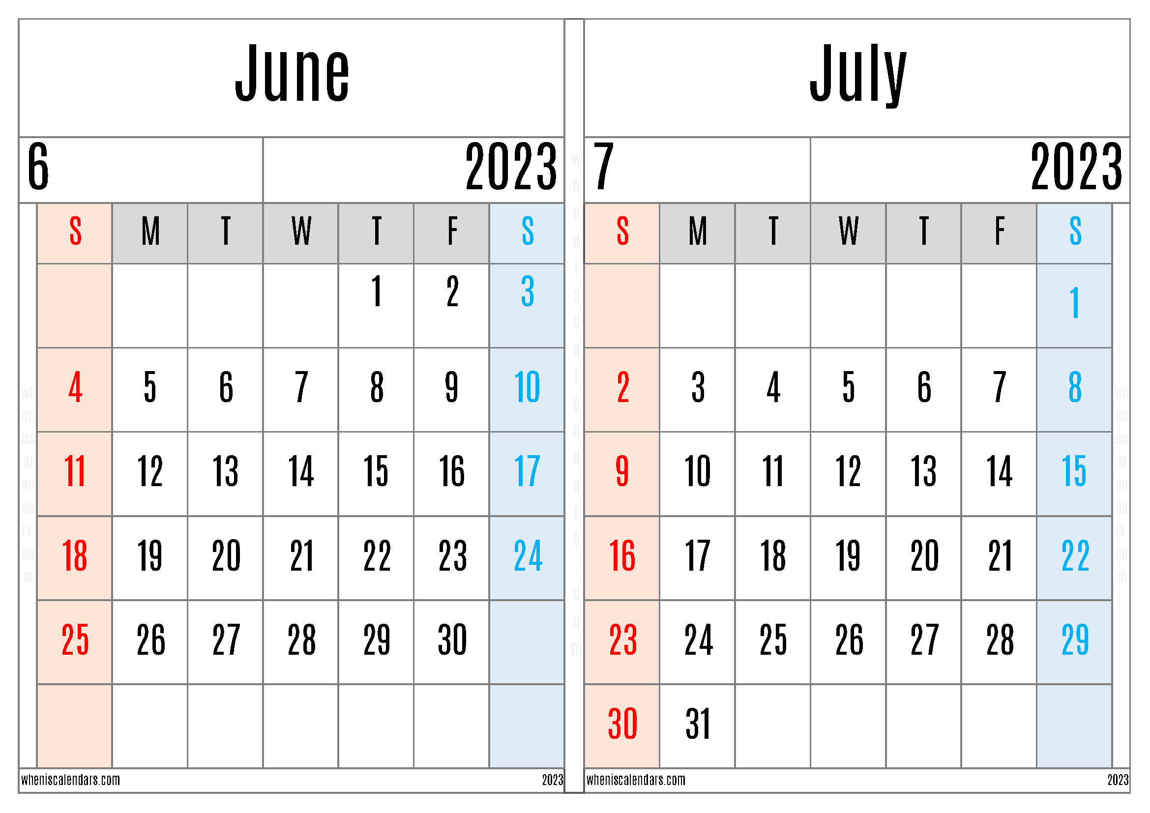 Free Printable June July 2023 Calendar Template (JJ2305)