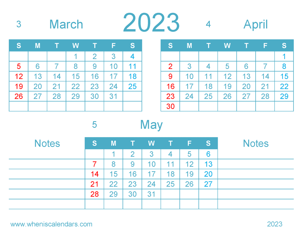 March April May 2023 Calendar Printable