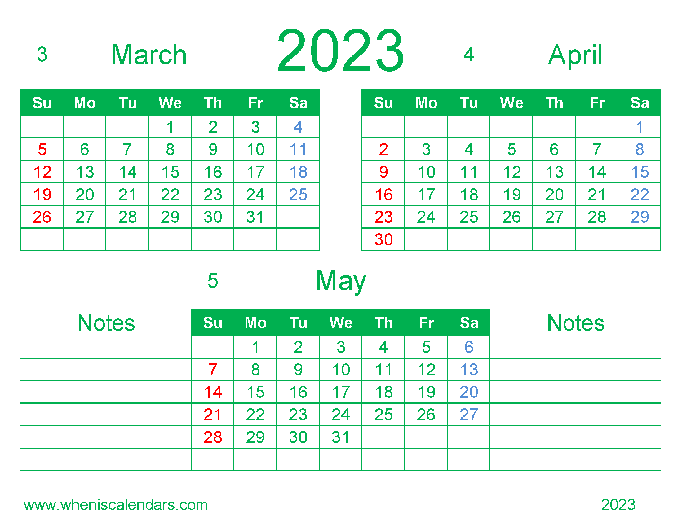 March April May 2023 Calendar Printable Free