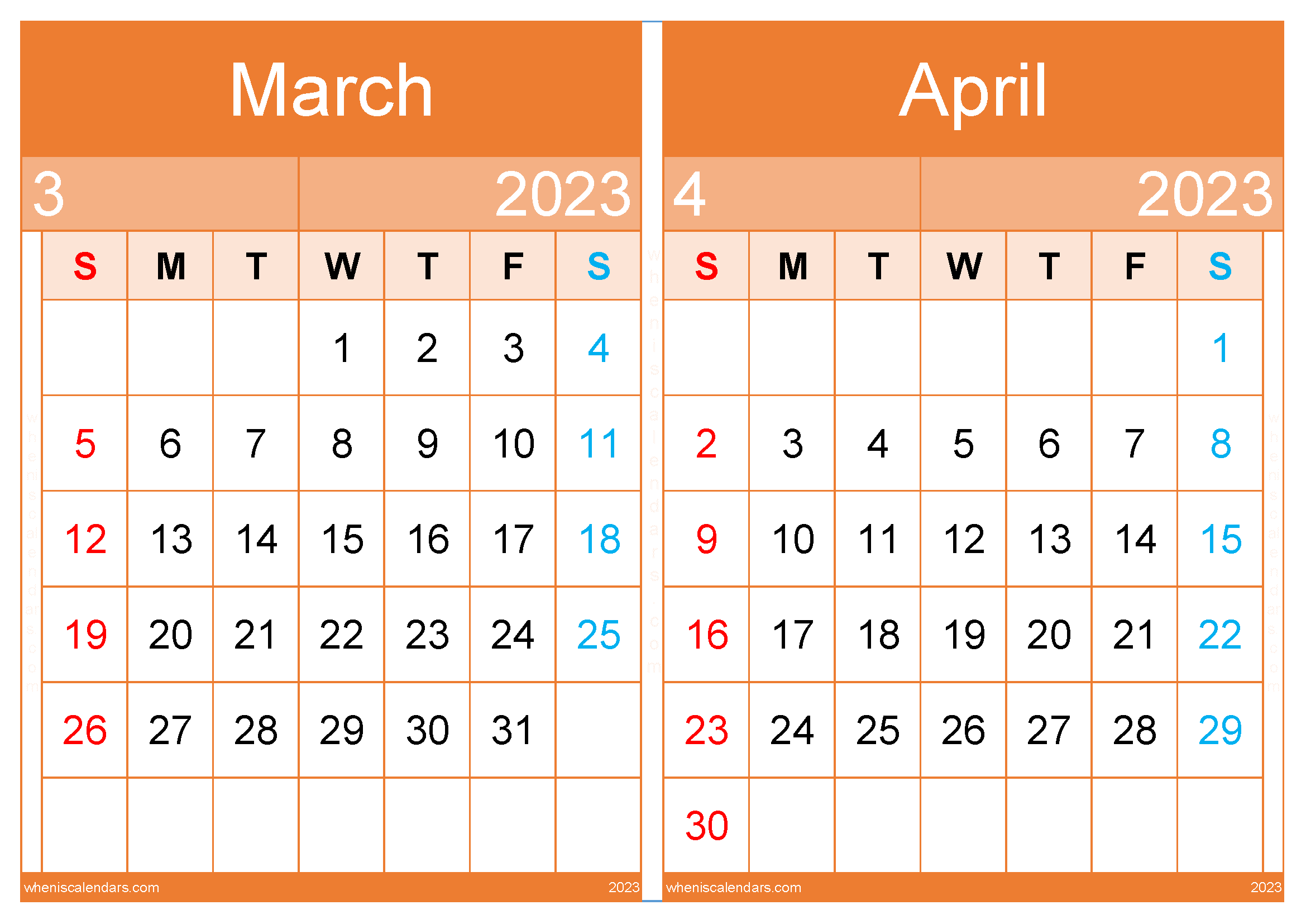 March and April Calendar 2023 Template (MA2312)