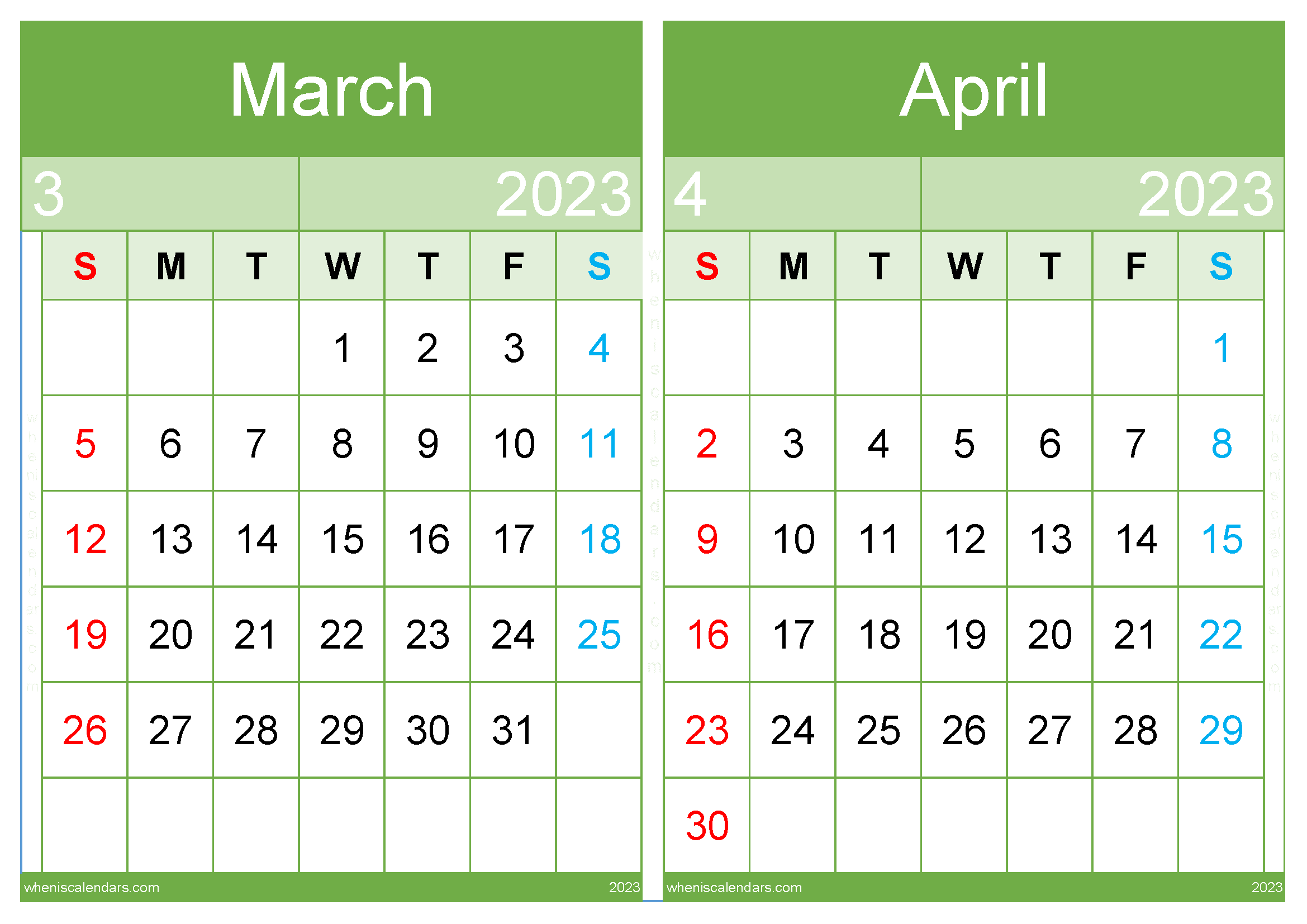 March April 2023 Calendar PDF Printable (MA2317)