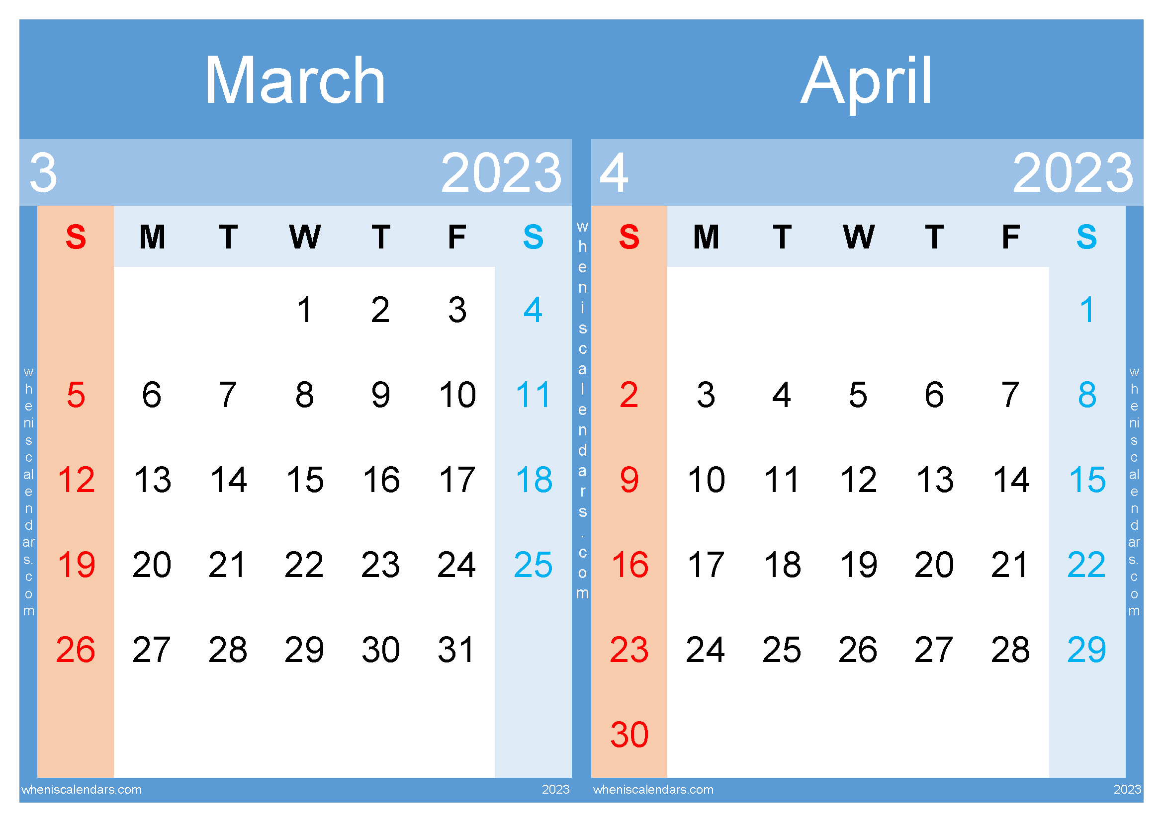 March April 2023 Calendar Free Printable (MA2315)