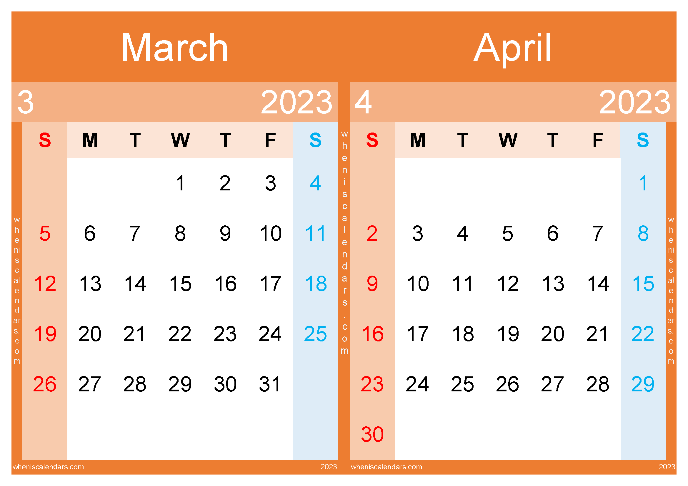 Calendar March April 2023 Printable (MA2316)