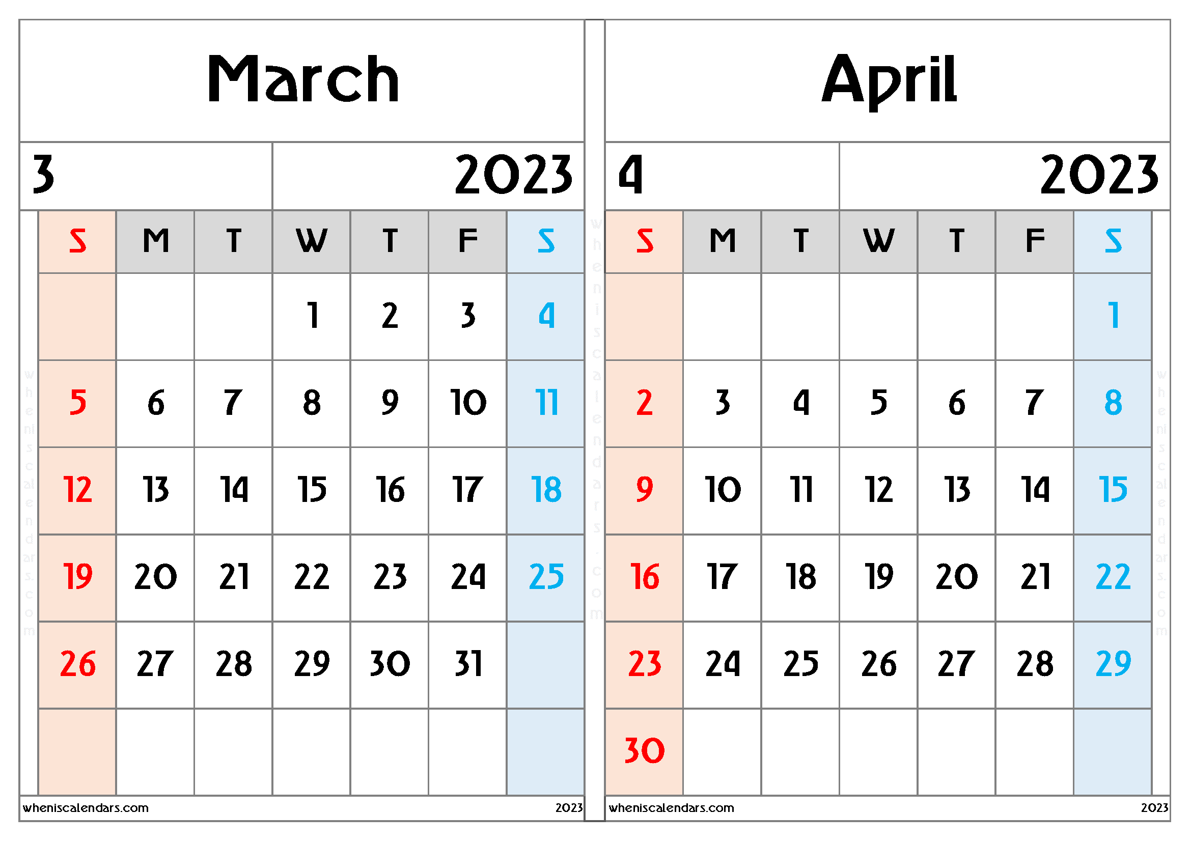 Free March April 2023 Calendar Template (MA2308)
