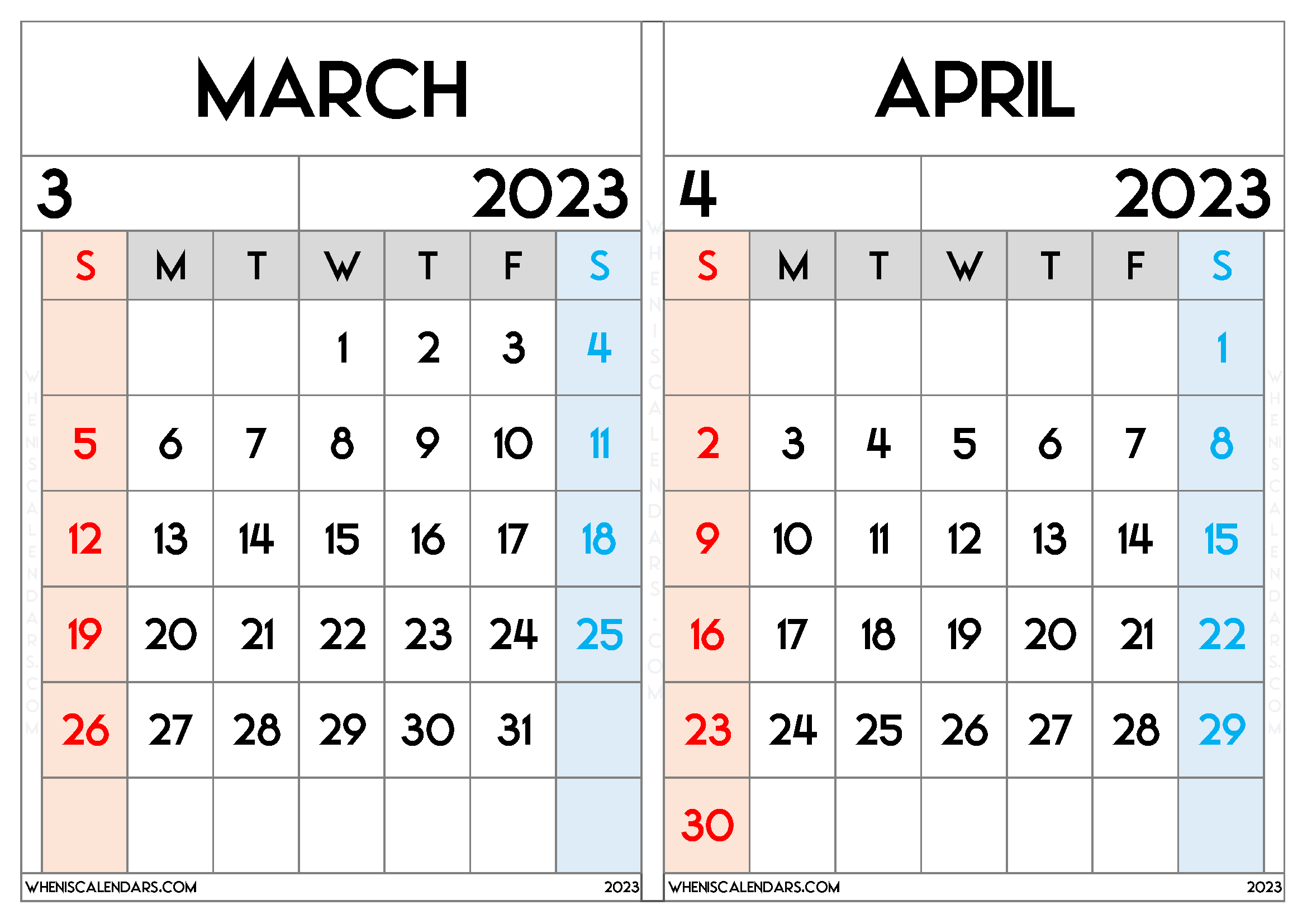 March April 2023 Calendar Free Printable (MA2309)