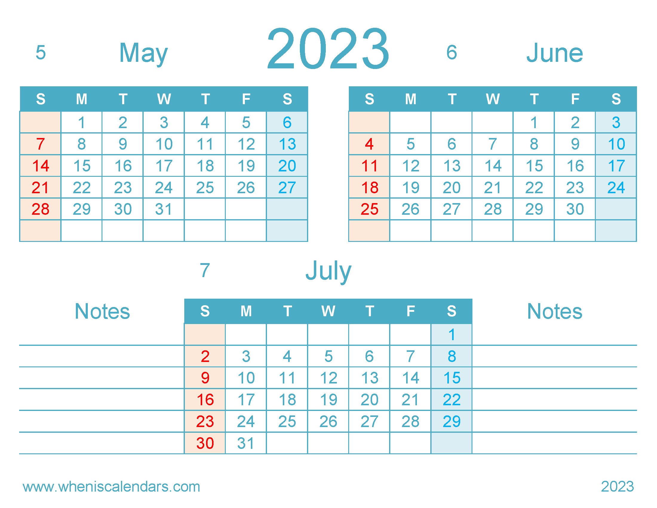Free May June July 2023 Calendar