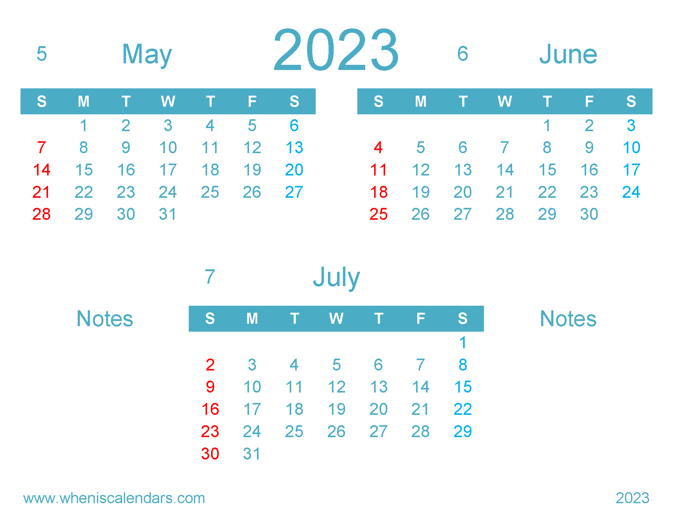 May June July 2023 Calendar Printable