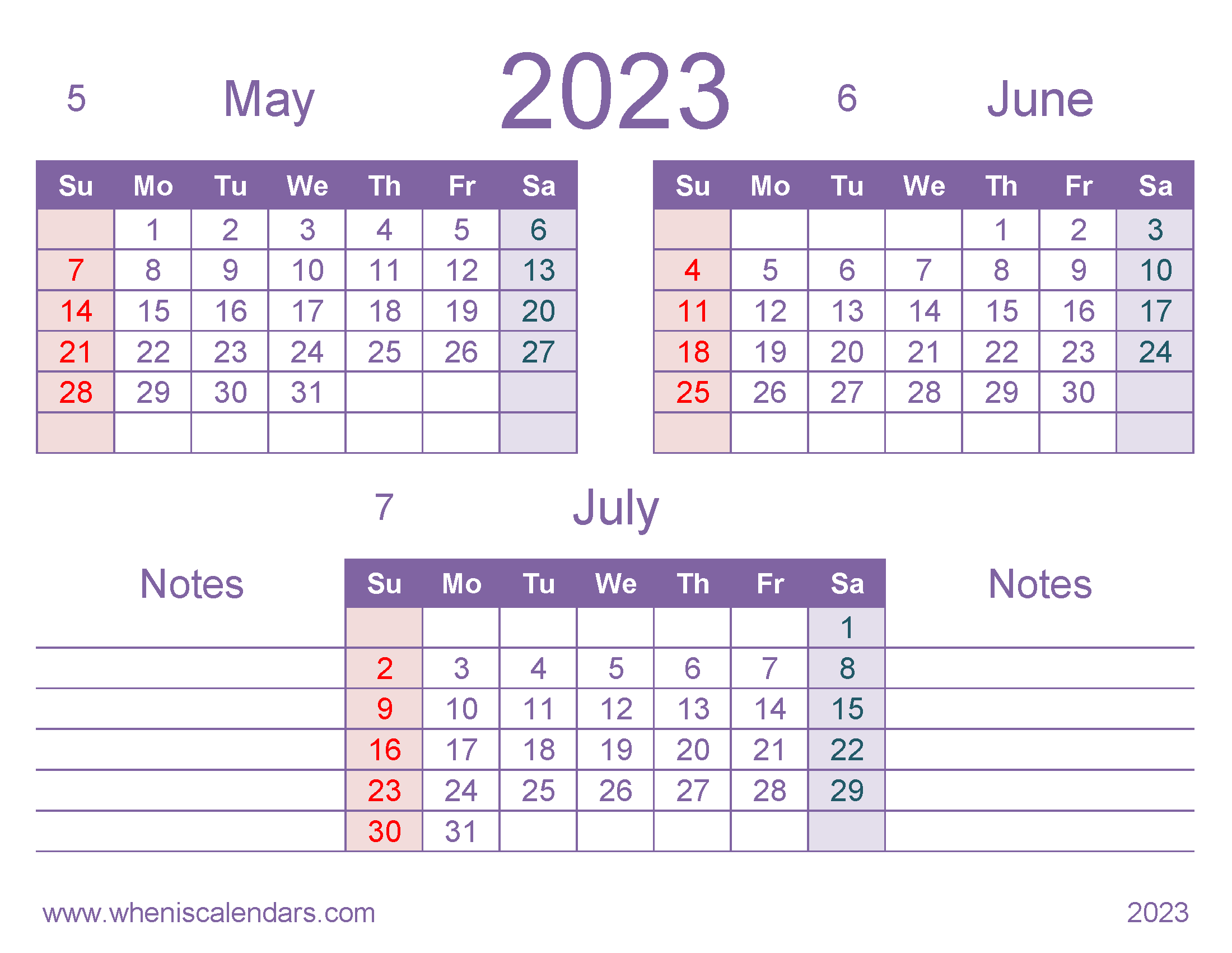 Free May June July 2023 Calendar