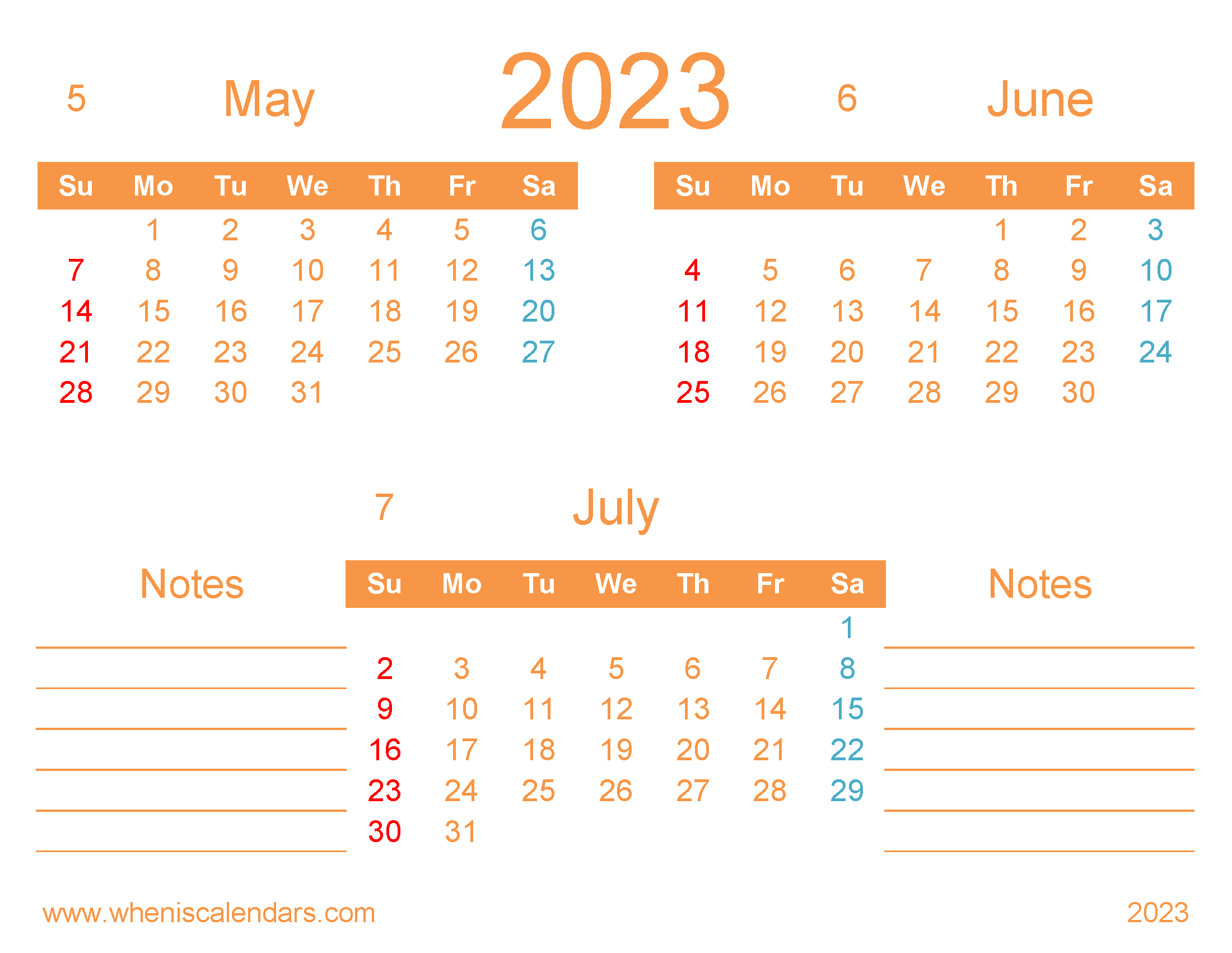 May June July 2023 Calendar Quarterly