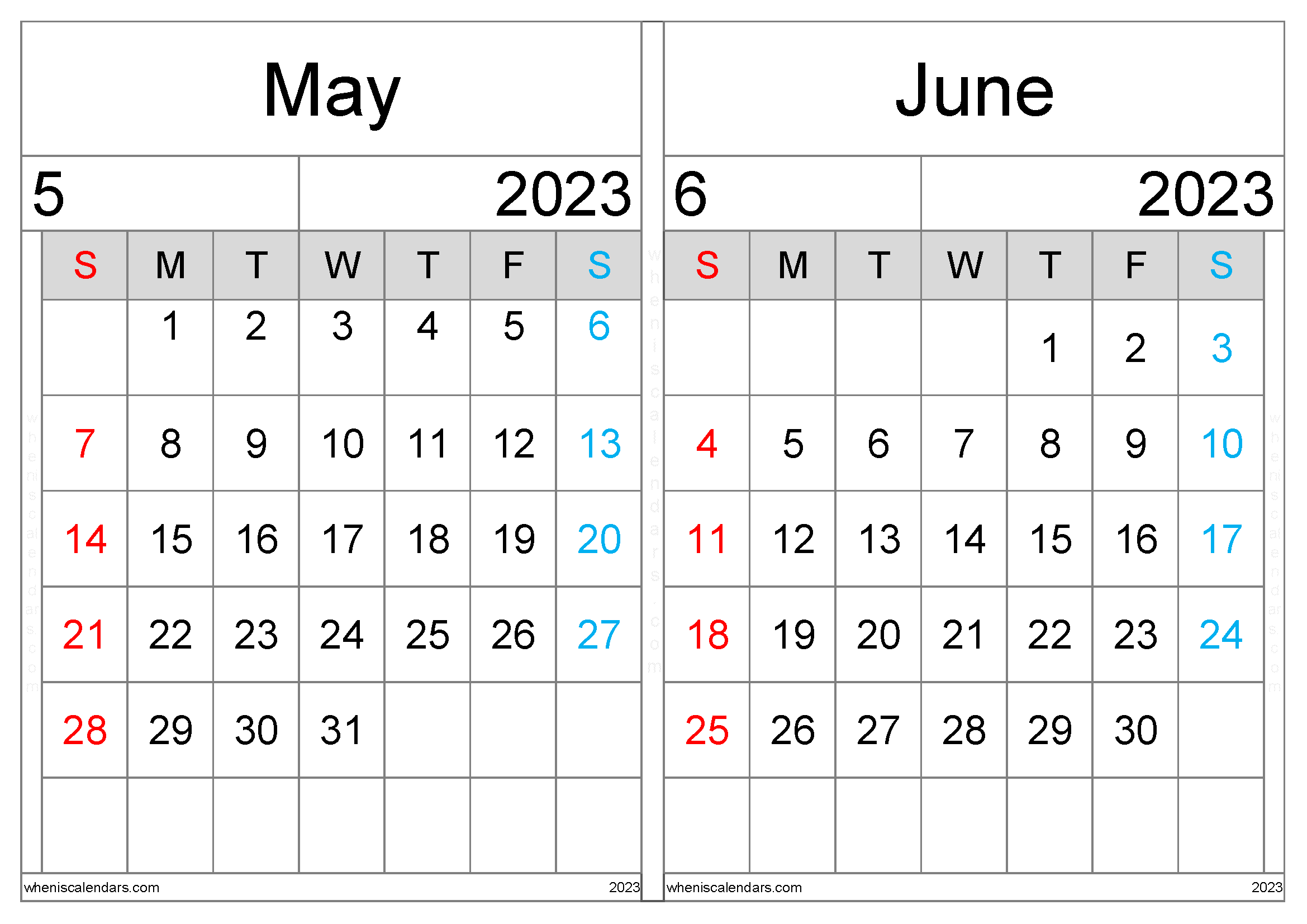 May June 2023 Calendar Free Printable (MJ2303)