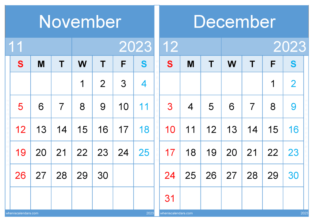 November December 2023 Calendar PDF Printable (ND2311)