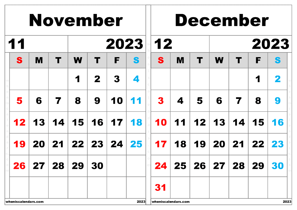 Free November December 2023 Calendar Template (ND2302)