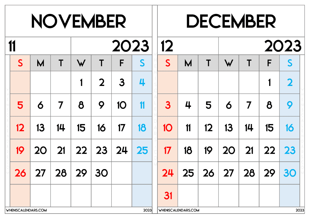 November December 2023 Calendar Free Printable (ND2309)