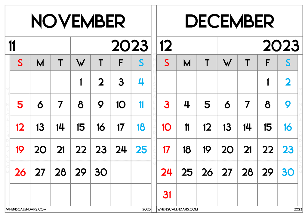 Calendar November December 2023 Printable (ND2310)