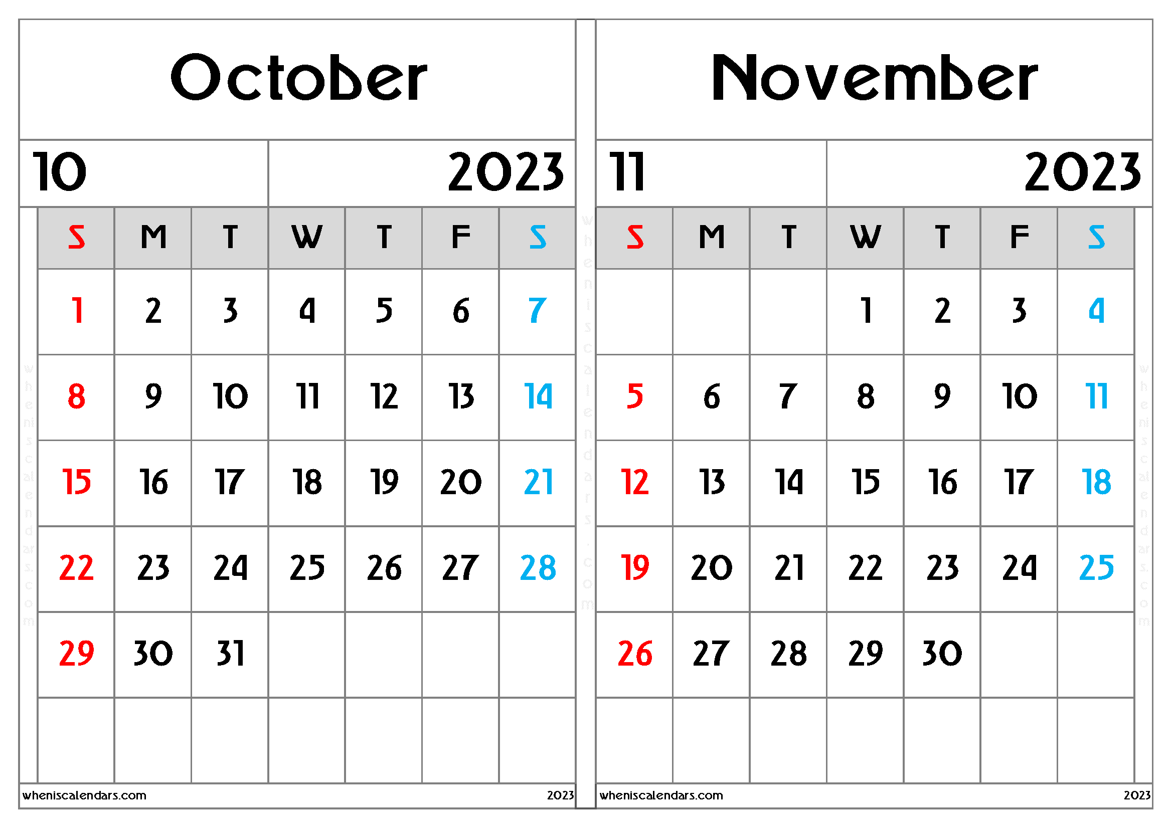 October November Calendar 2023 Free Printable (ON2304)