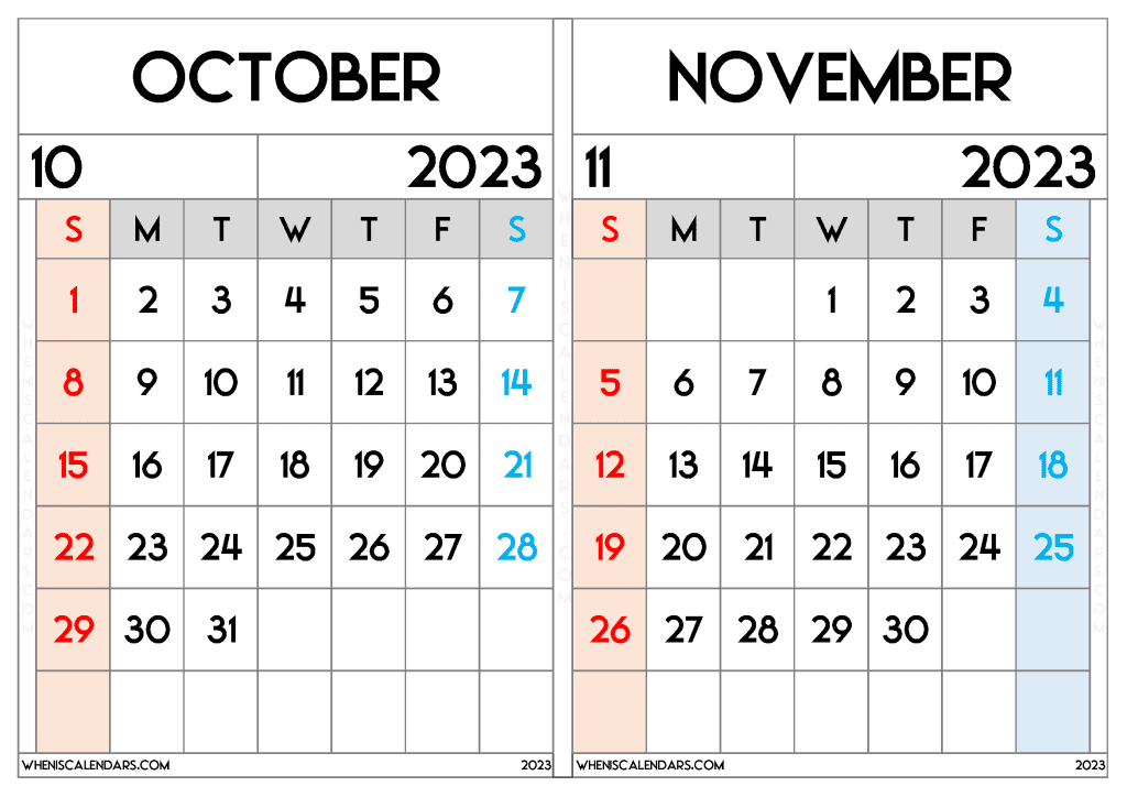 October November 2023 Calendar Printable PDF (ON2309)