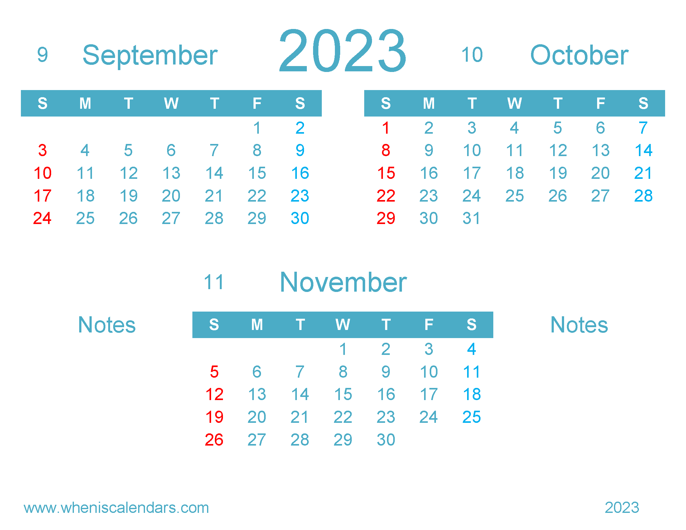 Free Calendar September October November 2023