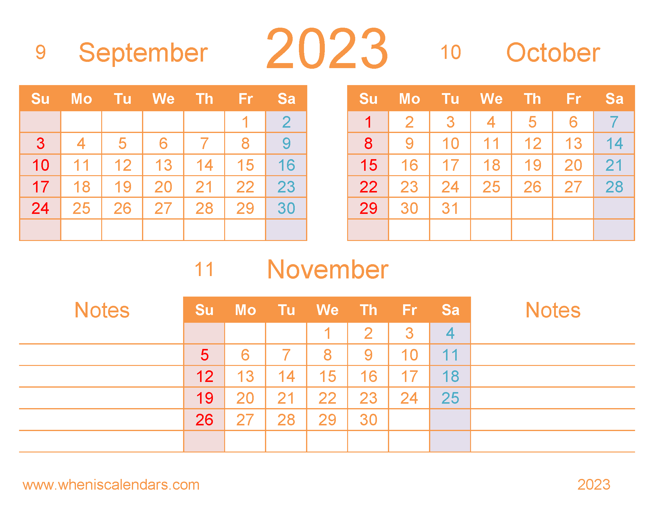 September October November 2023 Calendar Printable
