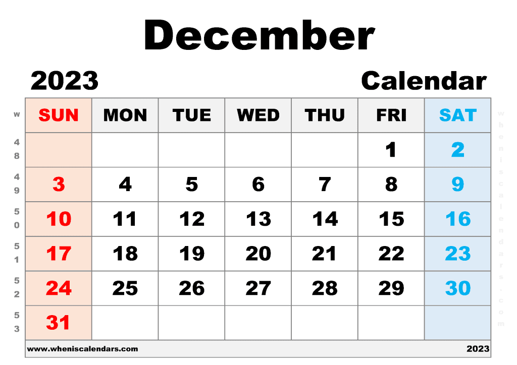 Free Printable December 2023 Calendar with Week Numbers Monthly Calendar Template