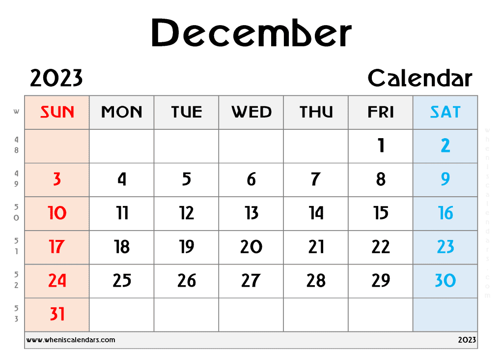 Free Printable December 2023 Calendar with Week Numbers Monthly Calendar Template