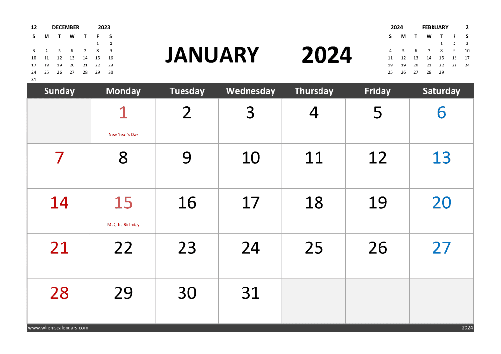 Downloadable Free Printable January 2024 Calendar with Holidays Monthly Design