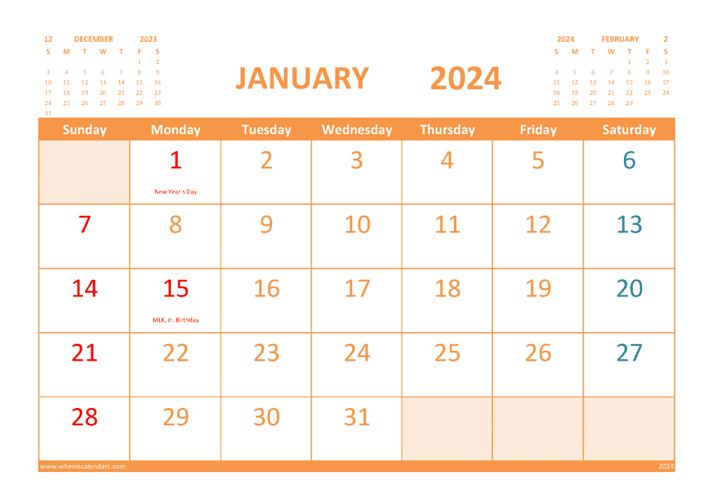 Downloadable Free January 2024 Calendar Printable with Holidays Monthly Design