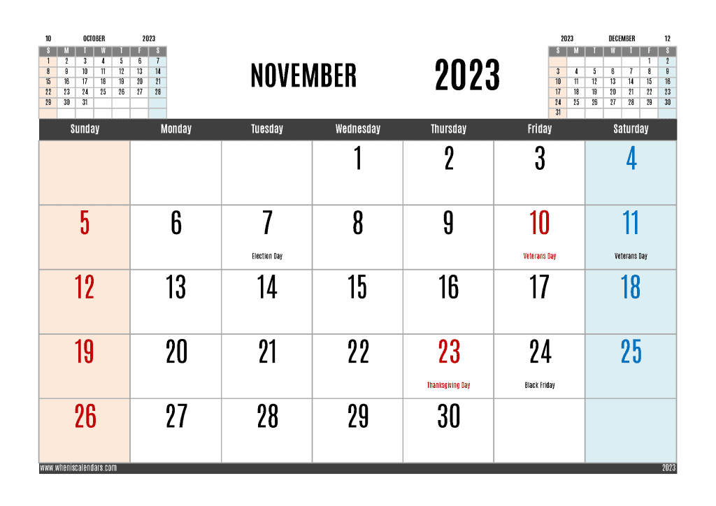 Downloadable Free Printable November 2023 Calendar with Holidays PDF Monthly Calendar Template