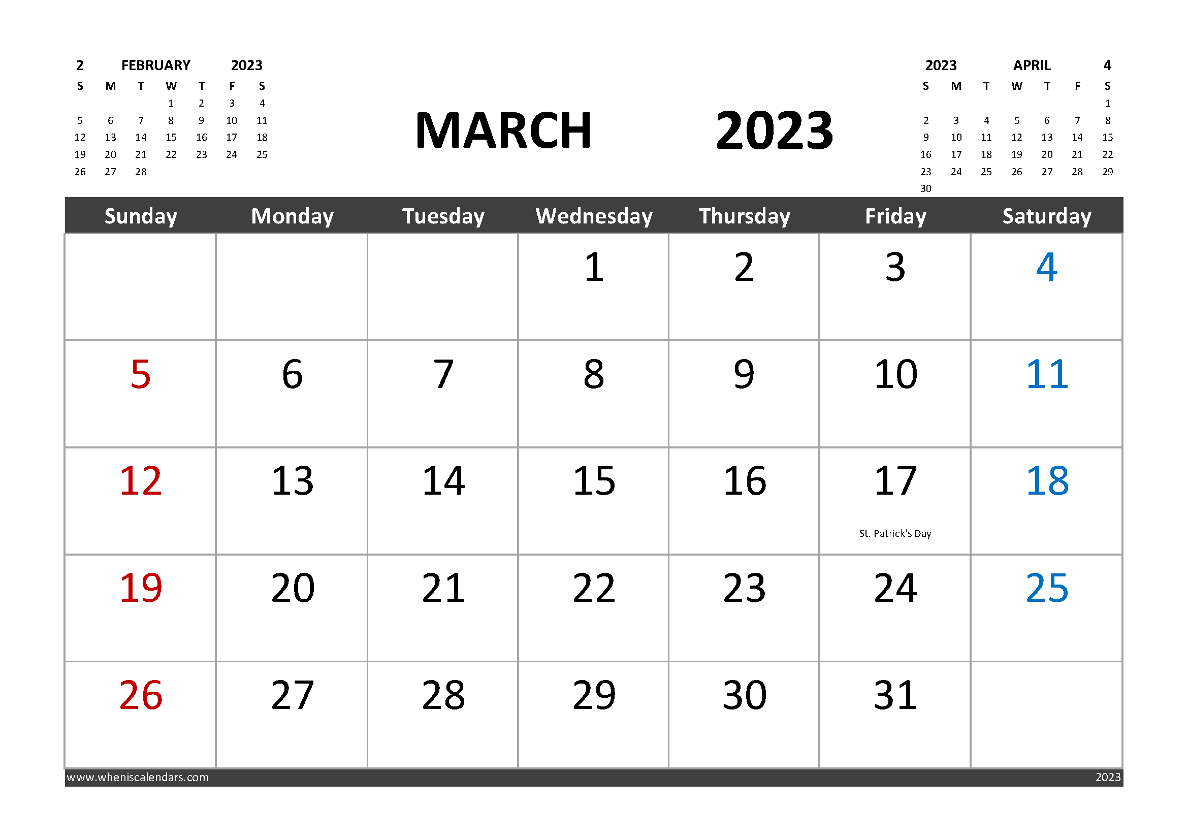 Free March 2023 Calendar with Holidays Printable width=
