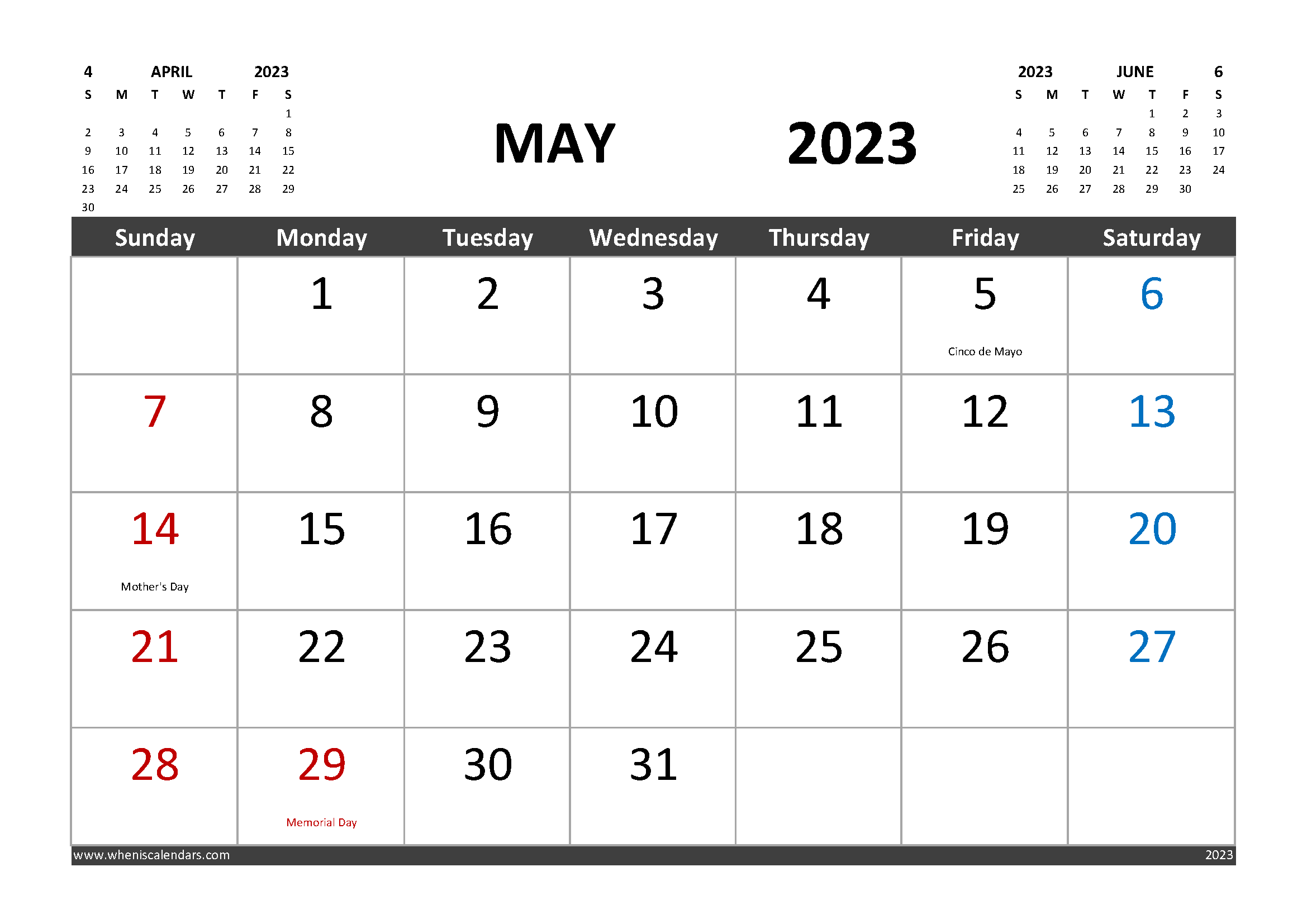 Free May 2023 Calendar with Holidays Printable width=