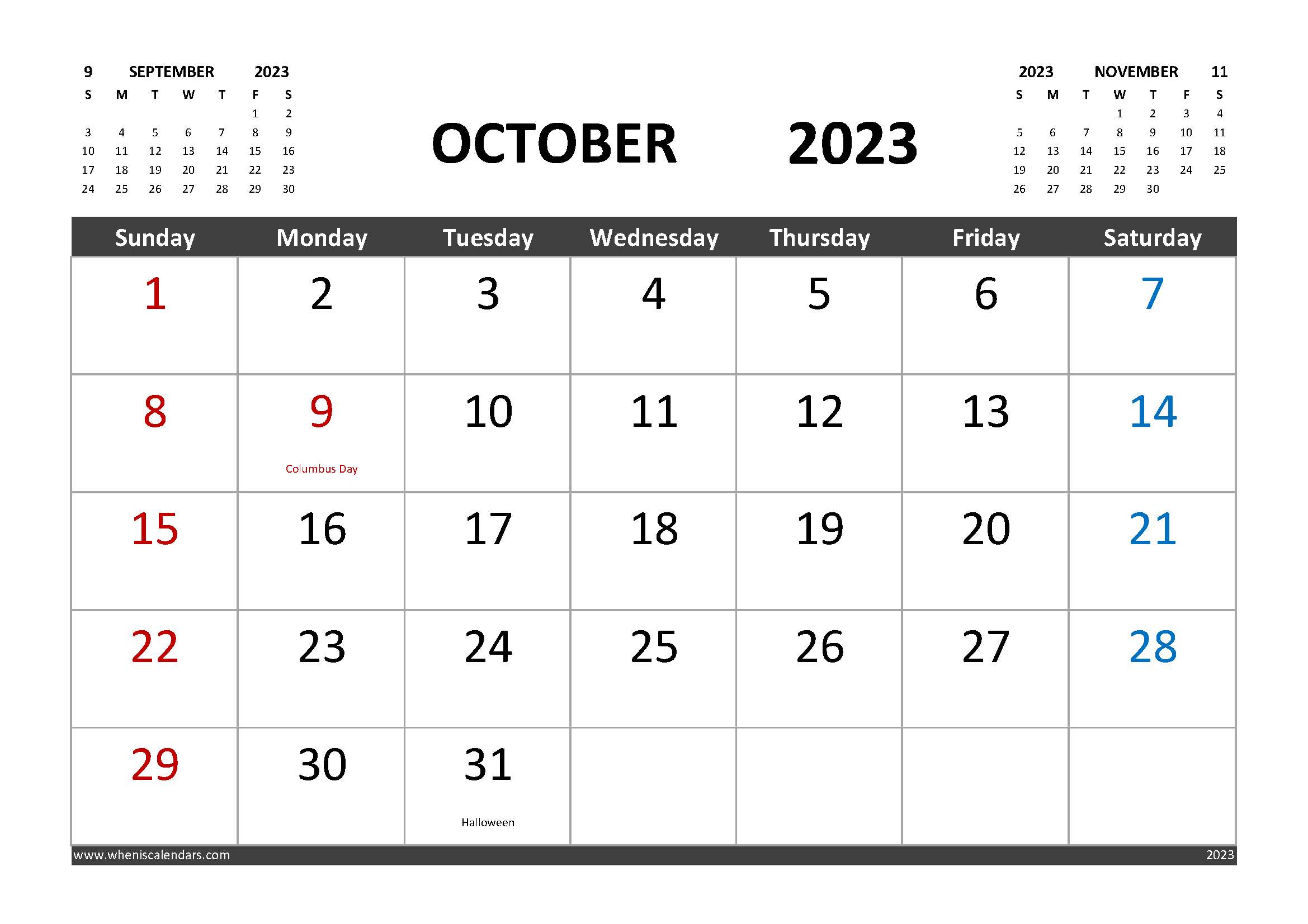 Free October 2023 Calendar with Holidays Printable width=