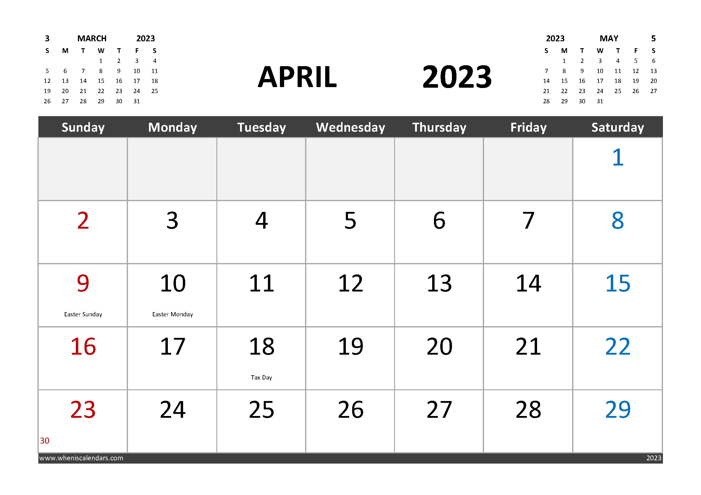 Free Printable April 2023 Calendar with Holidays width=