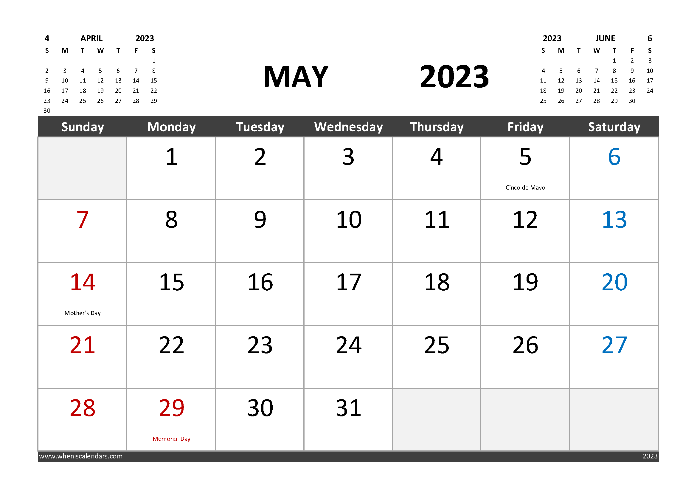 Free Printable May 2023 Calendar with Holidays width=