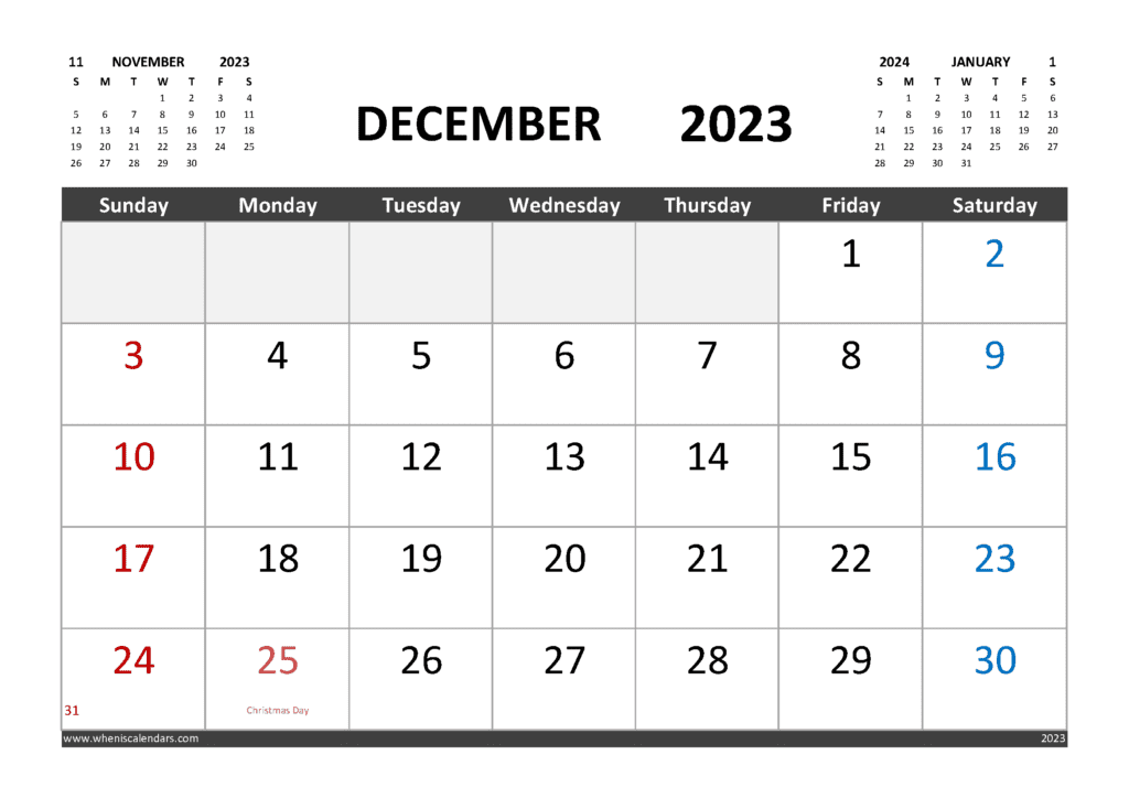 Free Printable December 2023 Calendar with Holidays