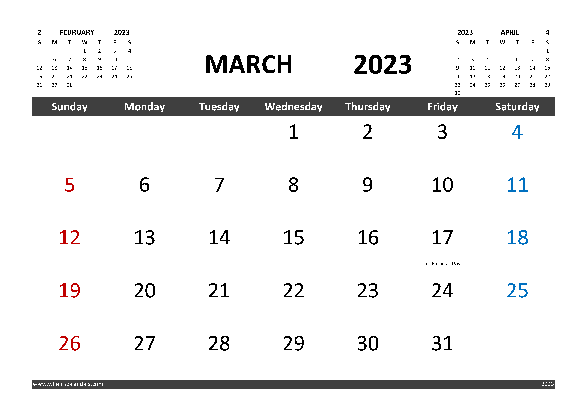 Free March 2023 Calendar Printable with Holidays width=