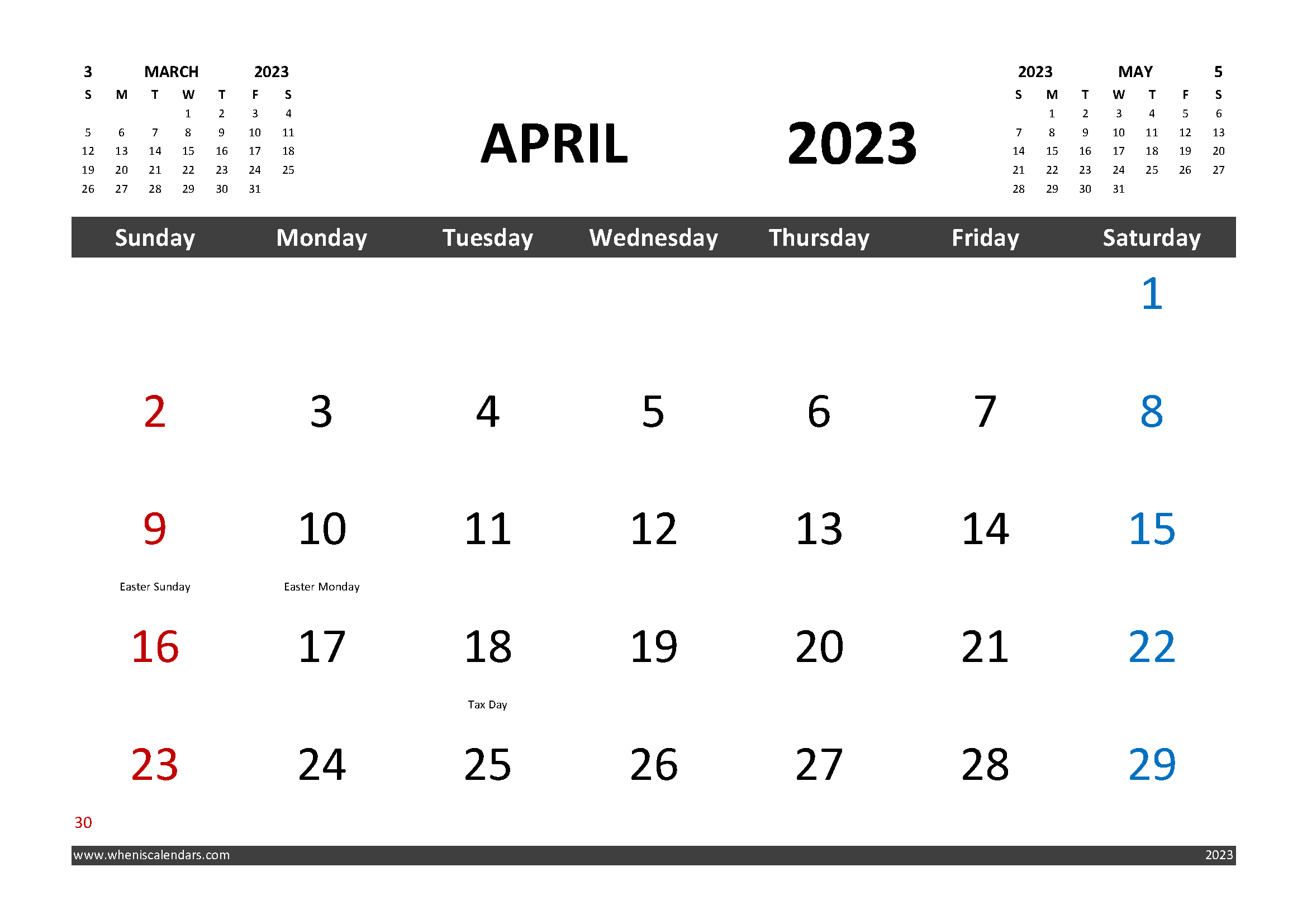 Free April 2023 Calendar Printable with Holidays width=