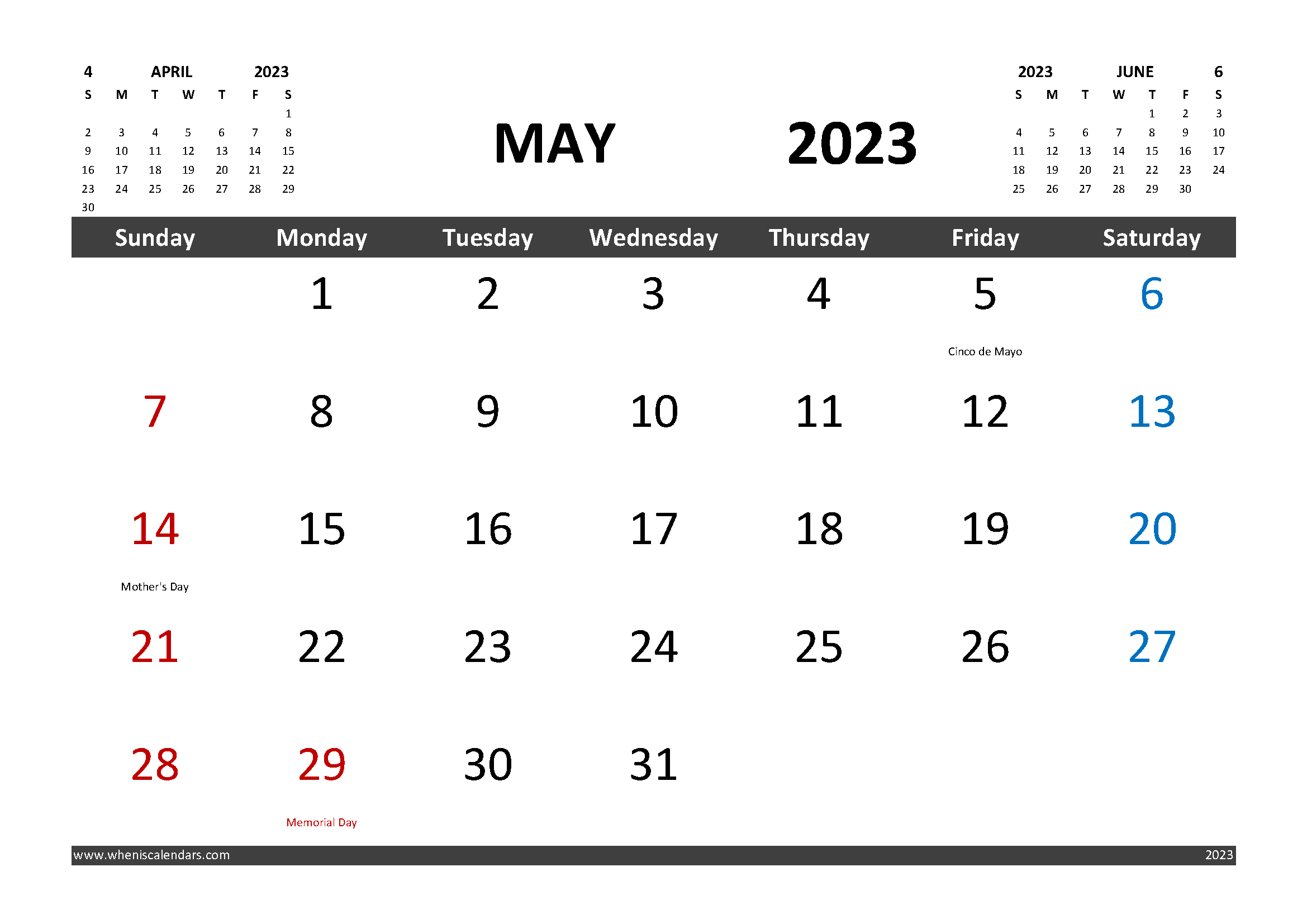 Free May 2023 Calendar Printable with Holidays width=