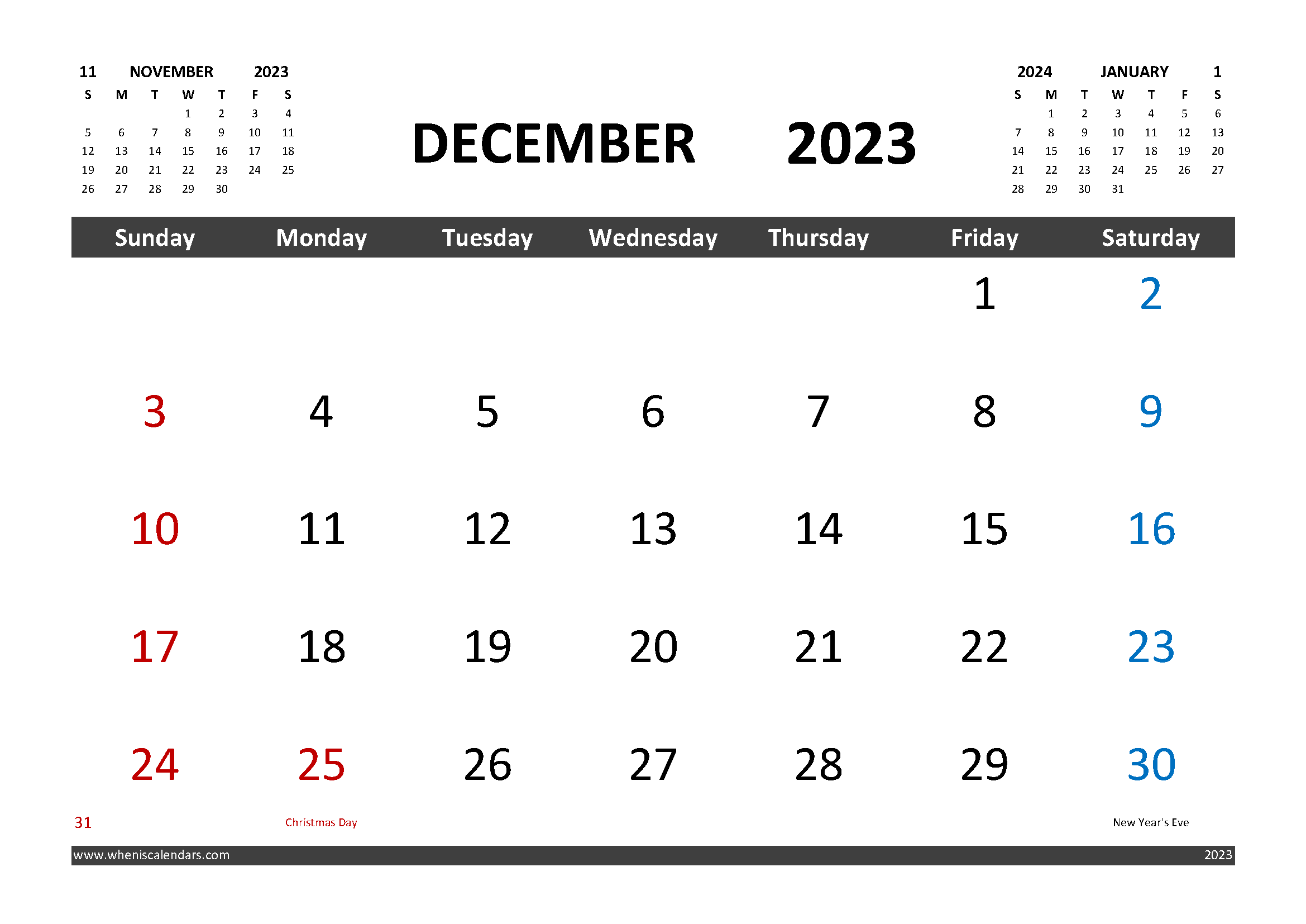 Free December 2023 Calendar Printable with Holidays width=