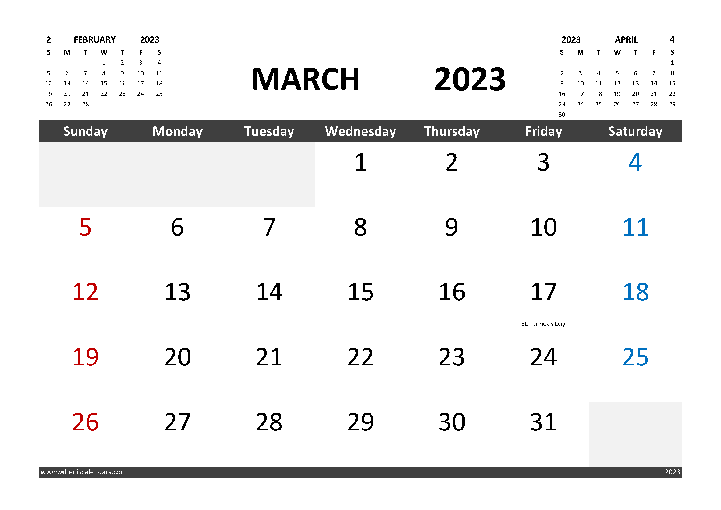 Free March 2023 Calendar Template with Holidays width=