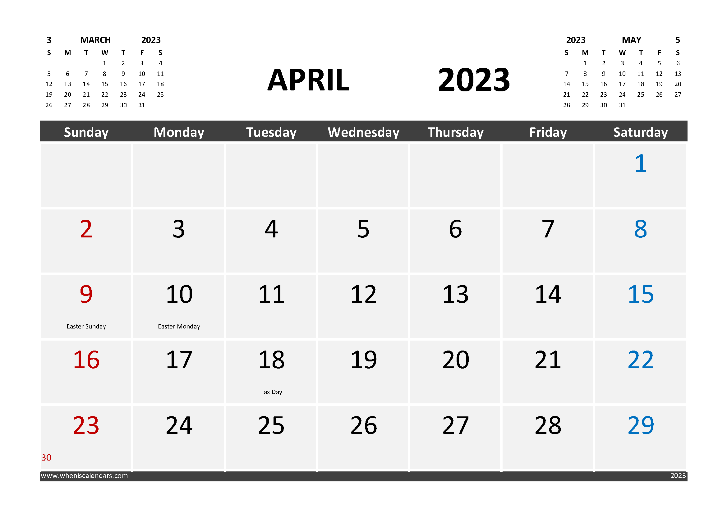 Free Calendar April 2023 Printable with Holidays width=