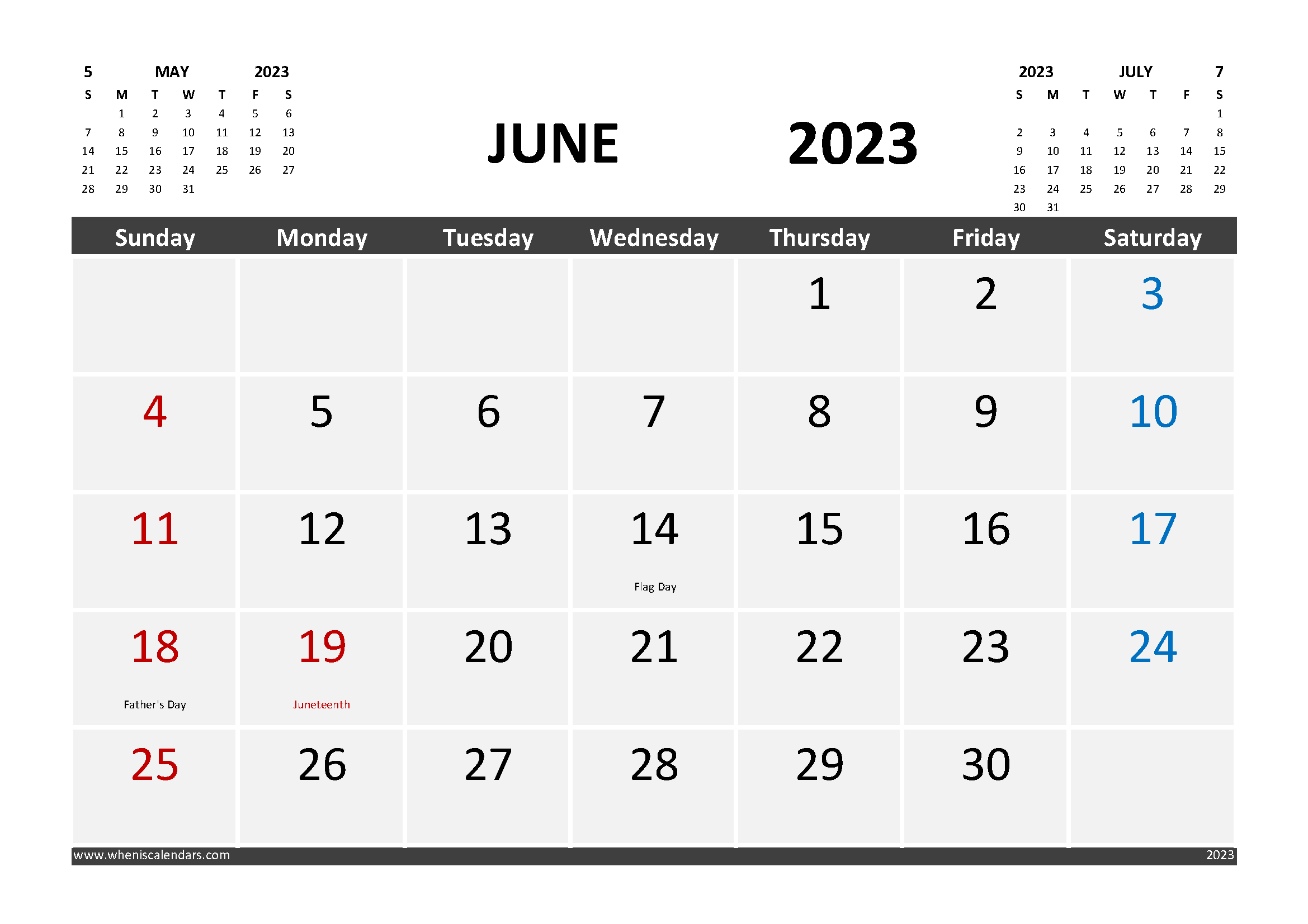 Free Calendar June 2023 Printable with Holidays width=