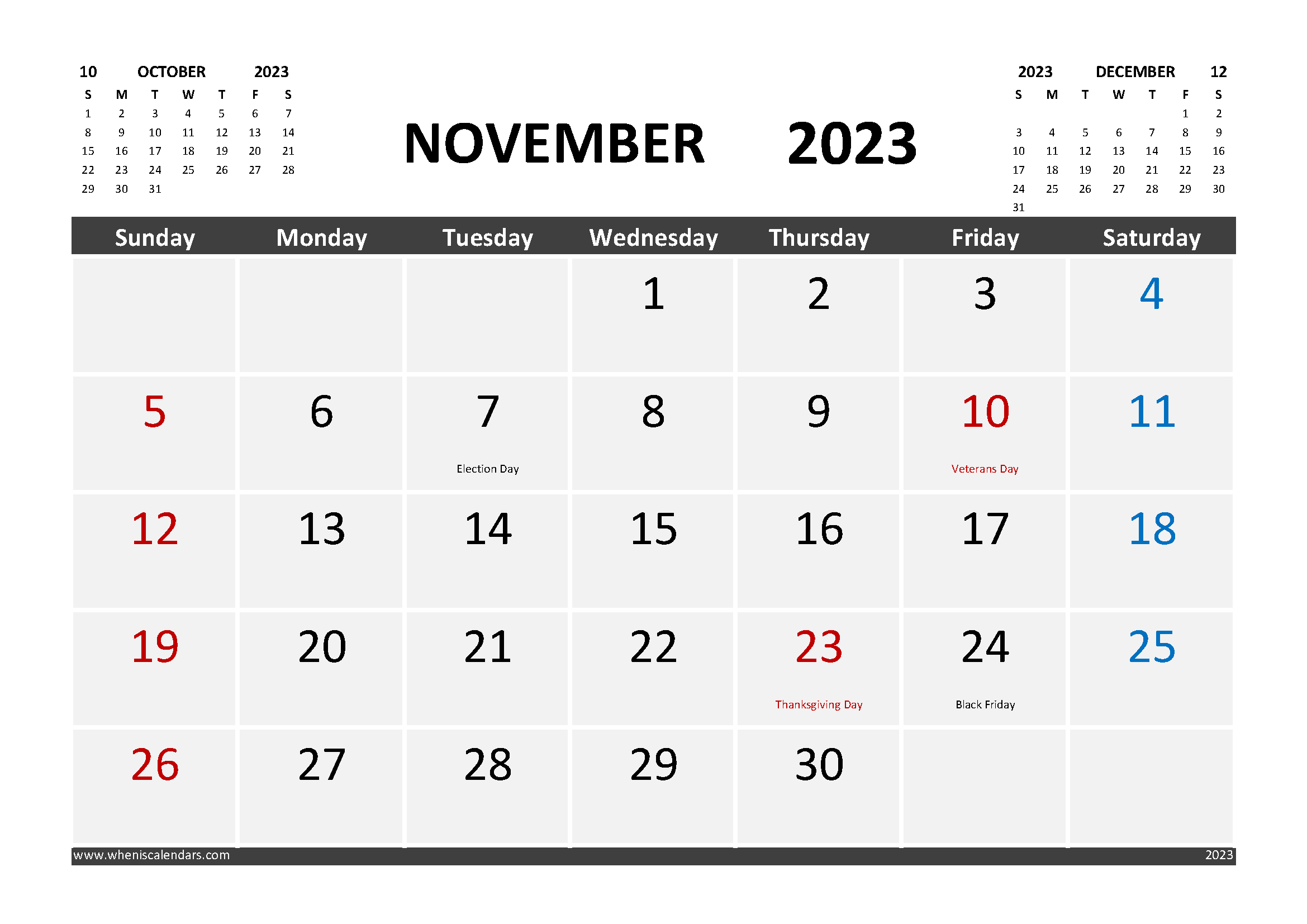 Free Calendar November 2023 Printable with Holidays width=