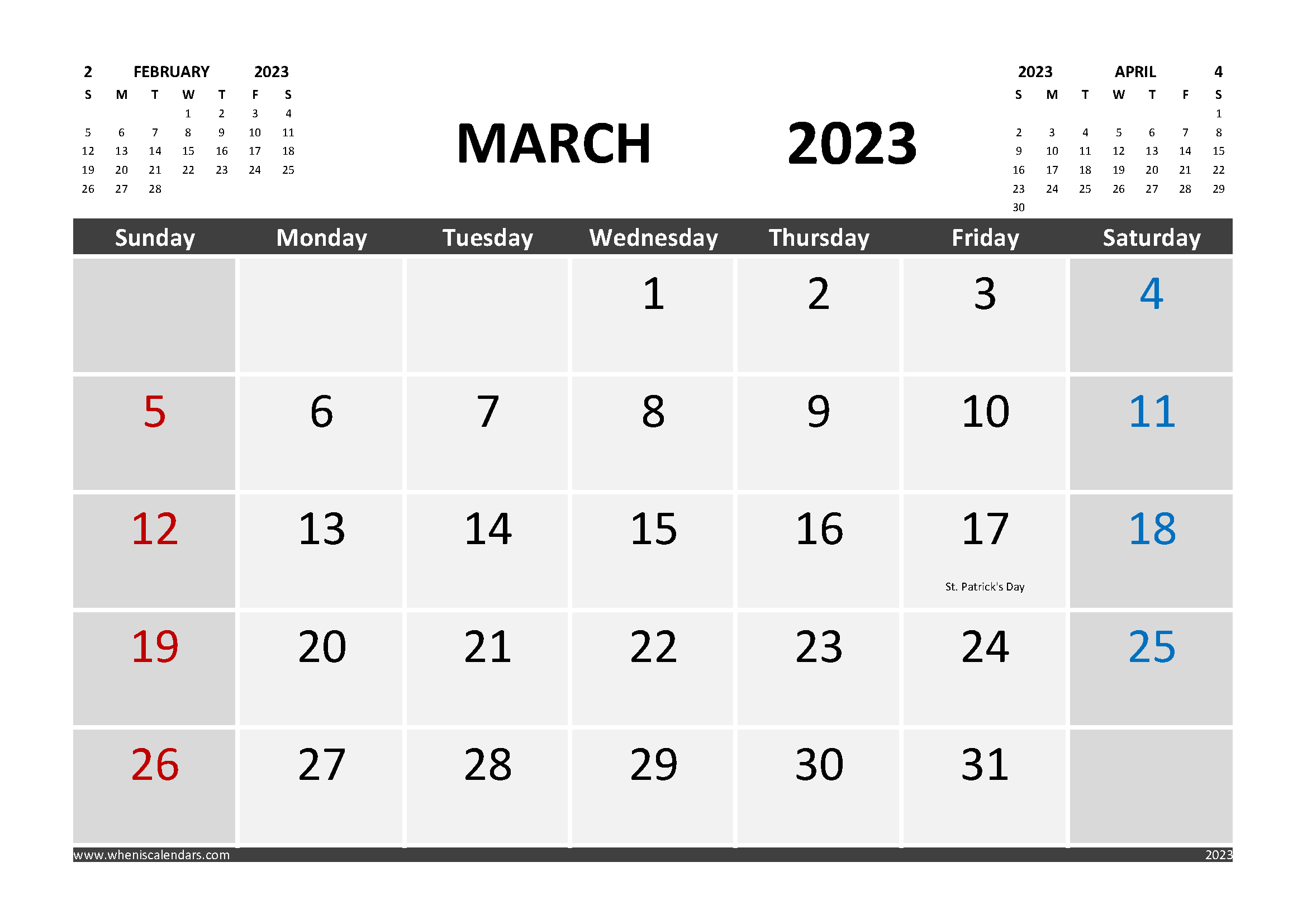 March 2023 Printable Calendar Free with Holidays width=