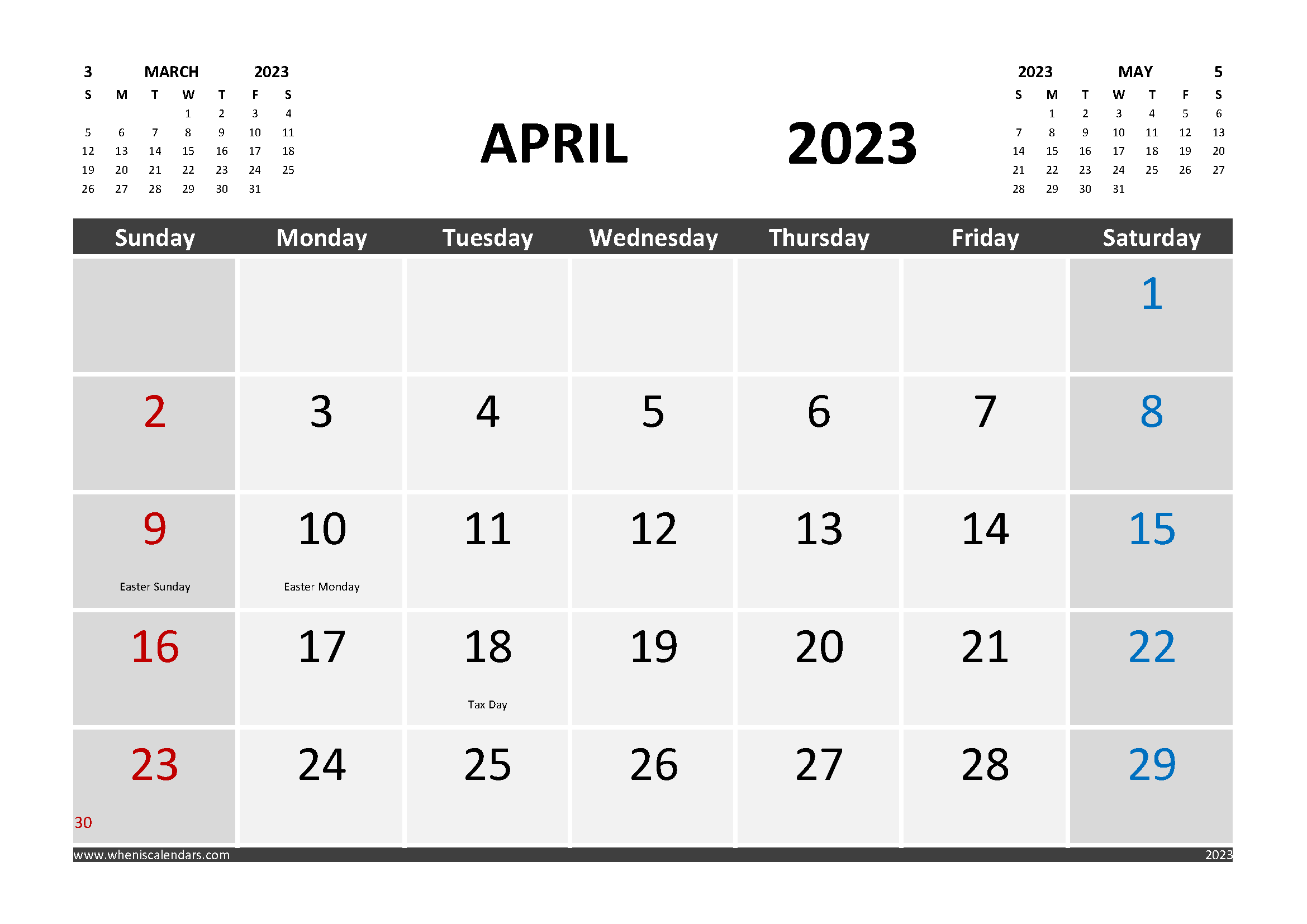 April 2023 Printable Calendar Free with Holidays width=