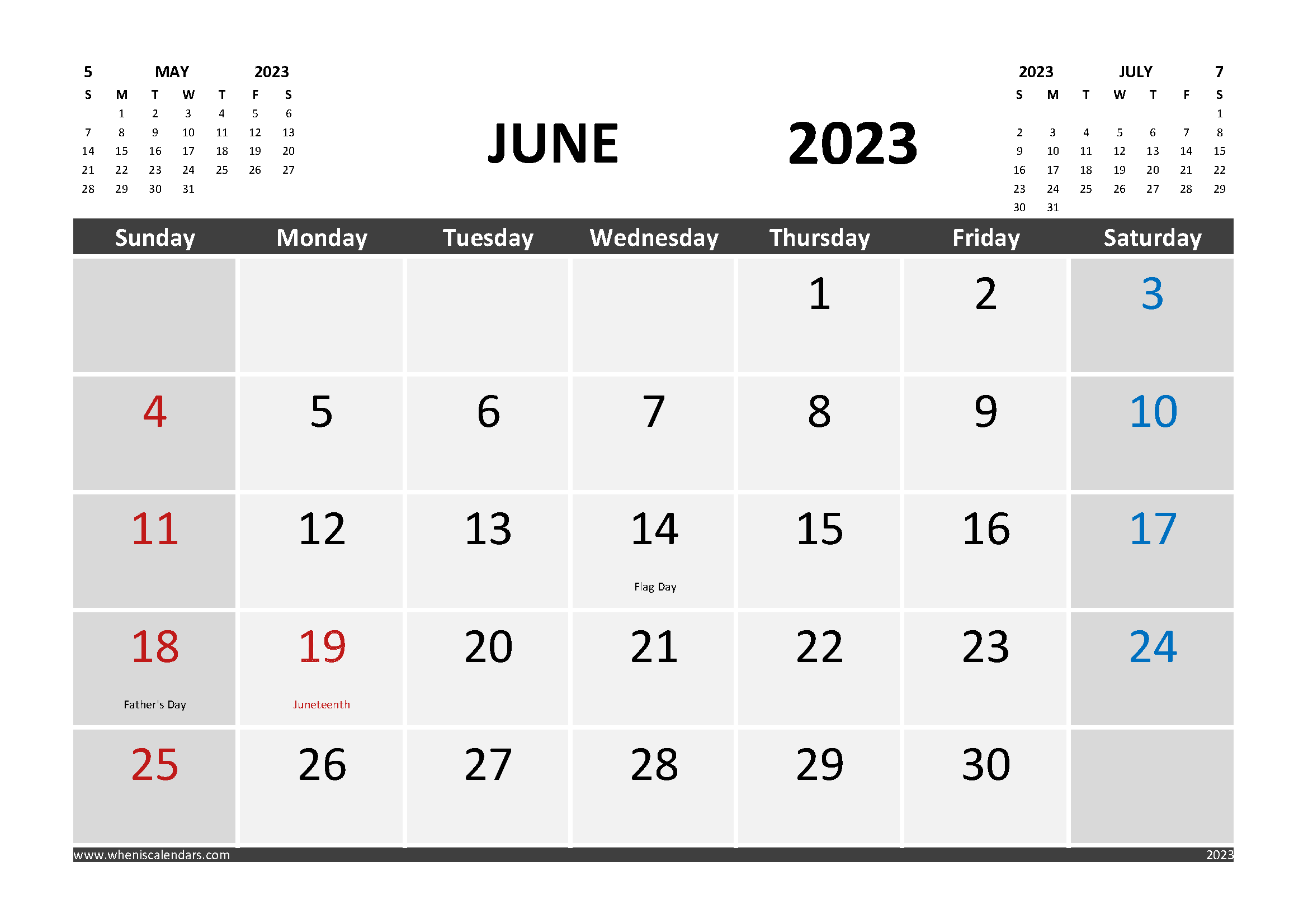 June 2023 Printable Calendar Free with Holidays width=